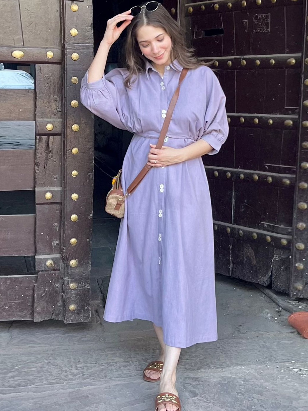 ROOM 19 Puff Sleeve Shirt Midi Dress