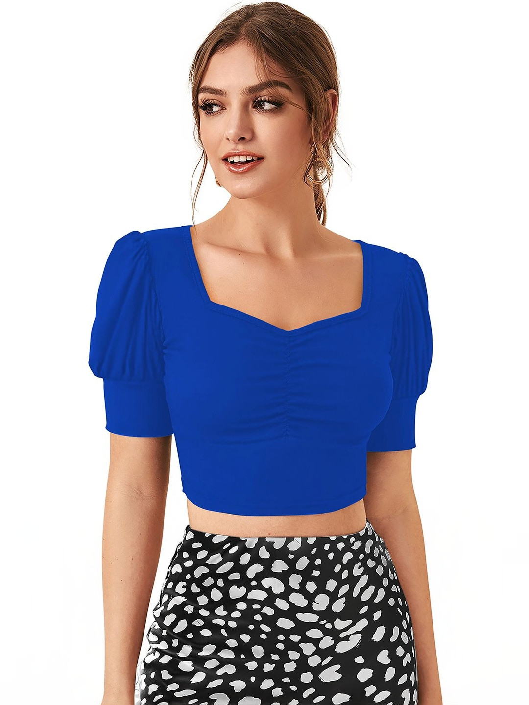 Fashion2wear Puff Sleeve Smocked Crepe Crop Top
