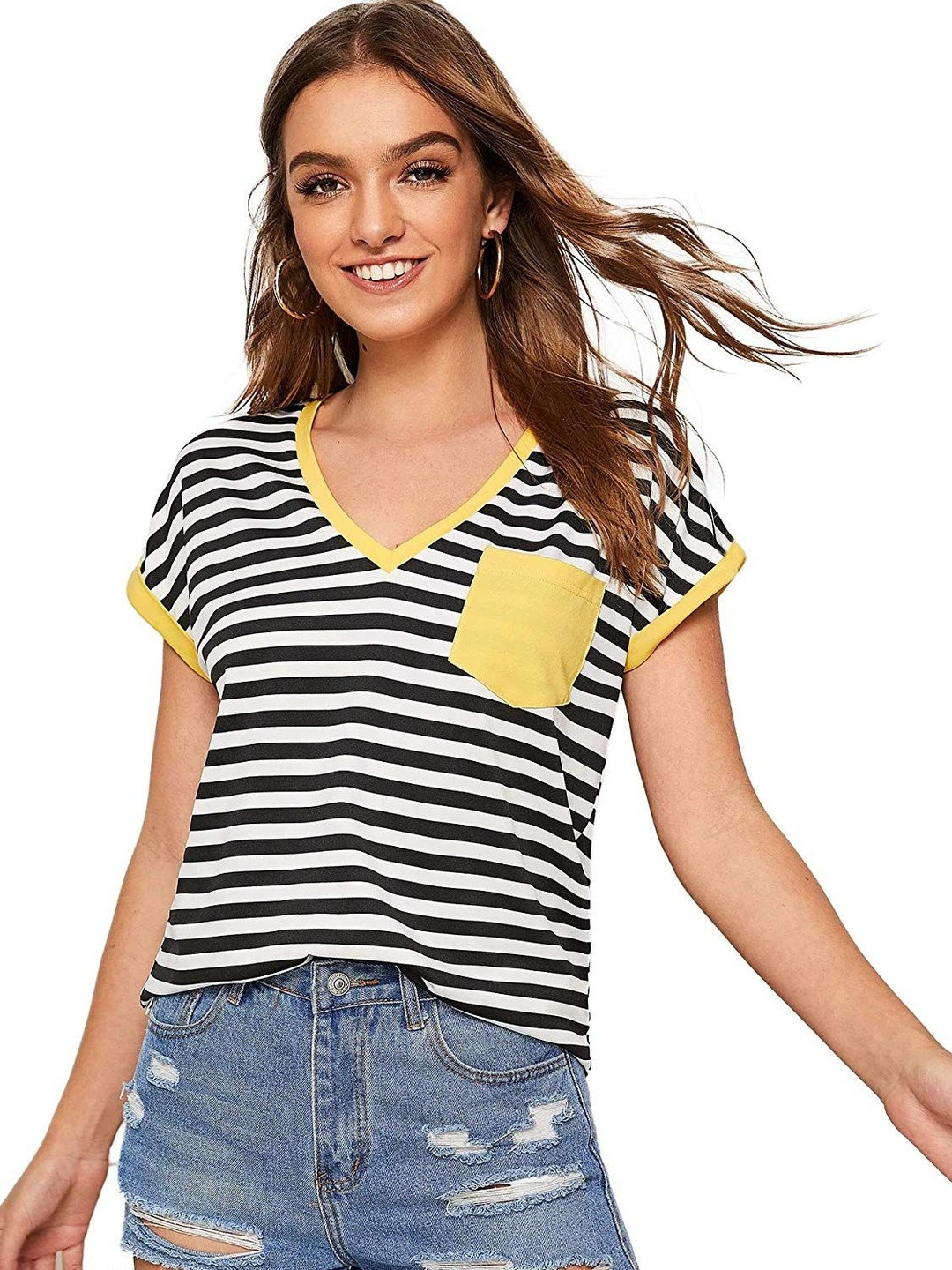 FABRICORN Women Striped V-Neck Roll-Up Sleeves Pockets T-shirt