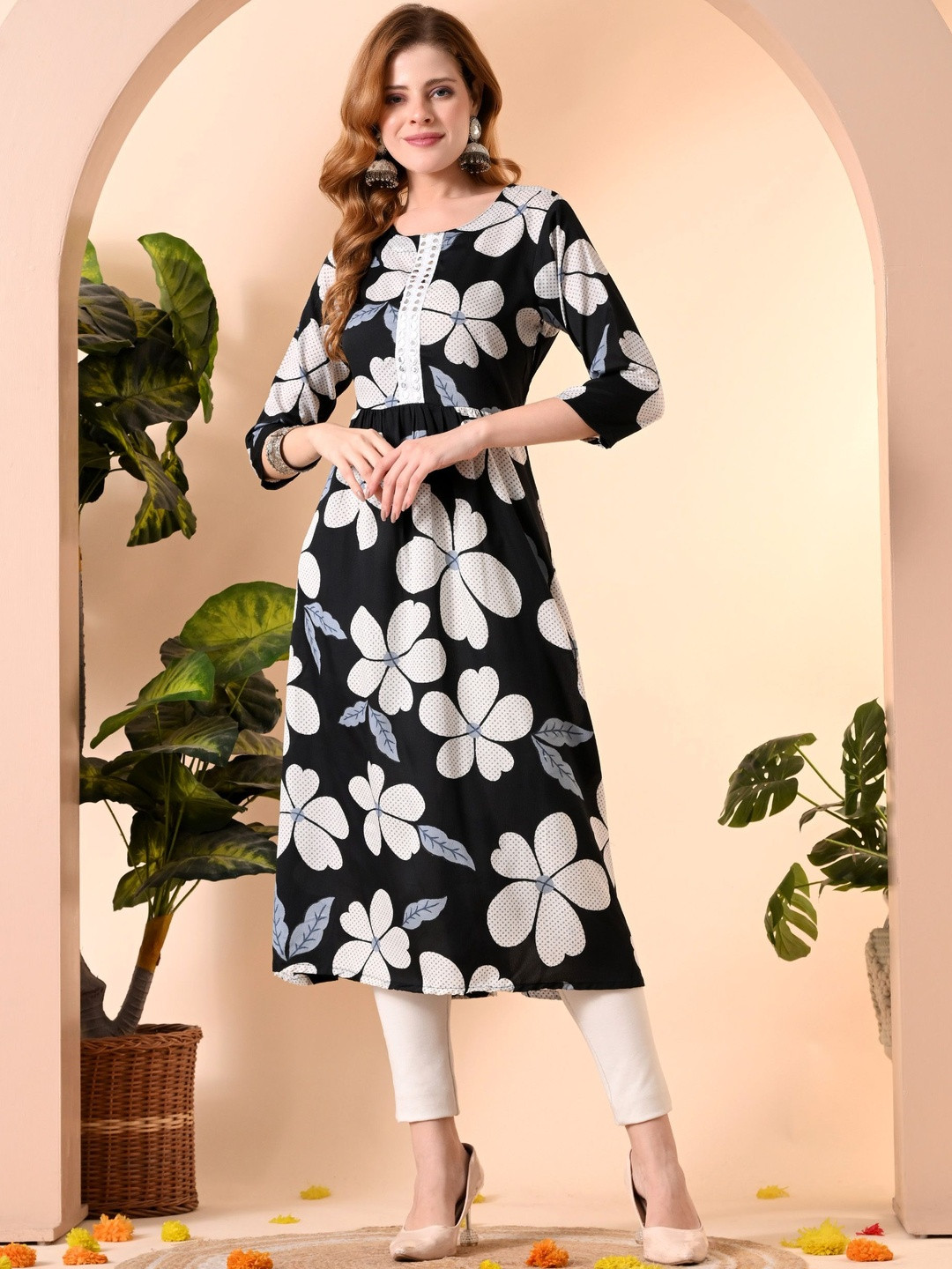 DIZON Women Floral Printed Thread Work Crepe Anarkali Kurta