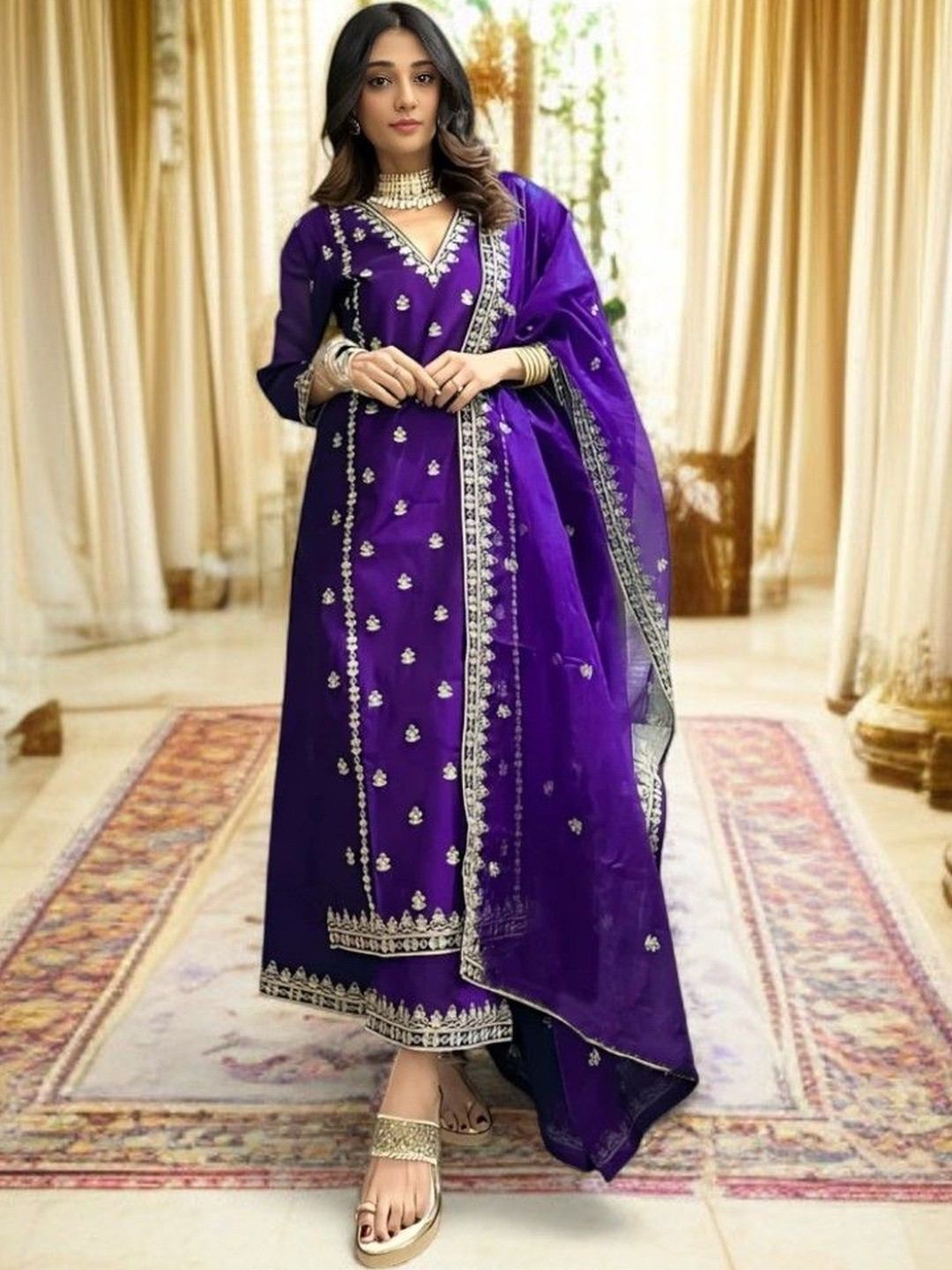 CARTYSHOP Women Ethnic Motifs Embroidered Regular Thread Work Chanderi Cotton Kurta with Trousers & With
