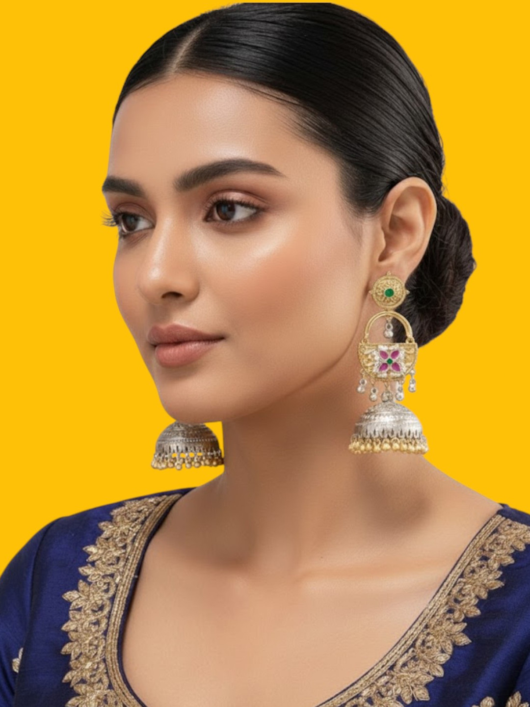 AURAA TRENDS Silver-Plated Stones Studded and Ghungroo Beaded Dome Shaped Jhumkas