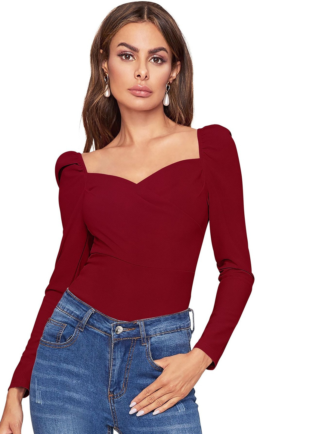 Fashion2wear Sweetheart Neck Puff Sleeve Smocked Crepe Top