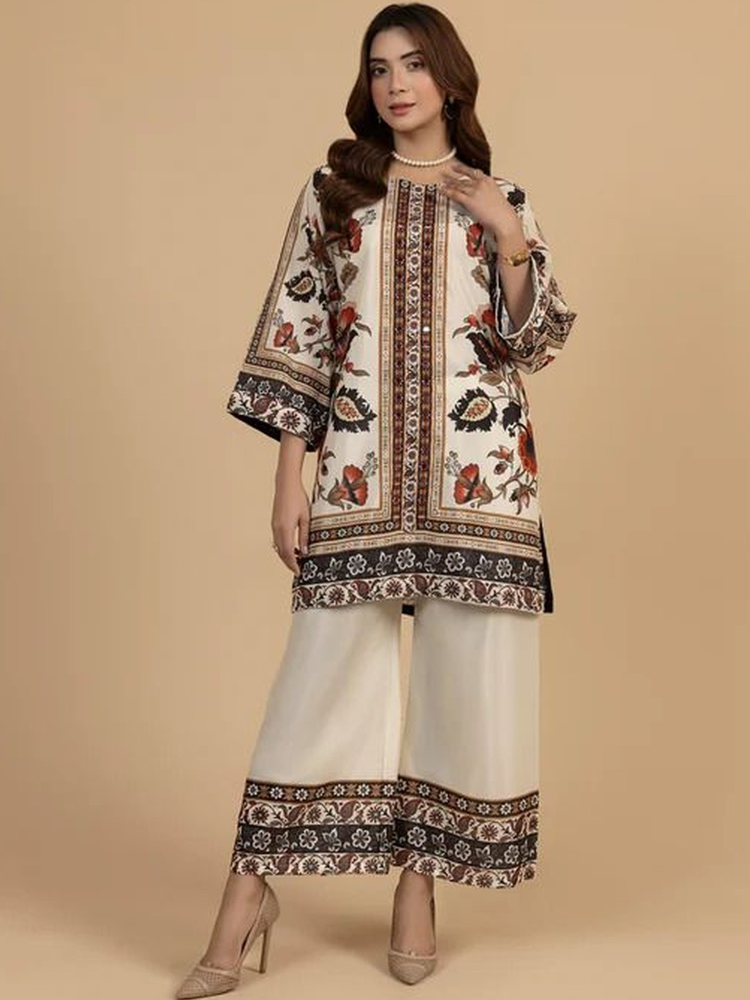 Swibona Off White Ethnic Printed Tunic & Palazzos Co-Ords Set