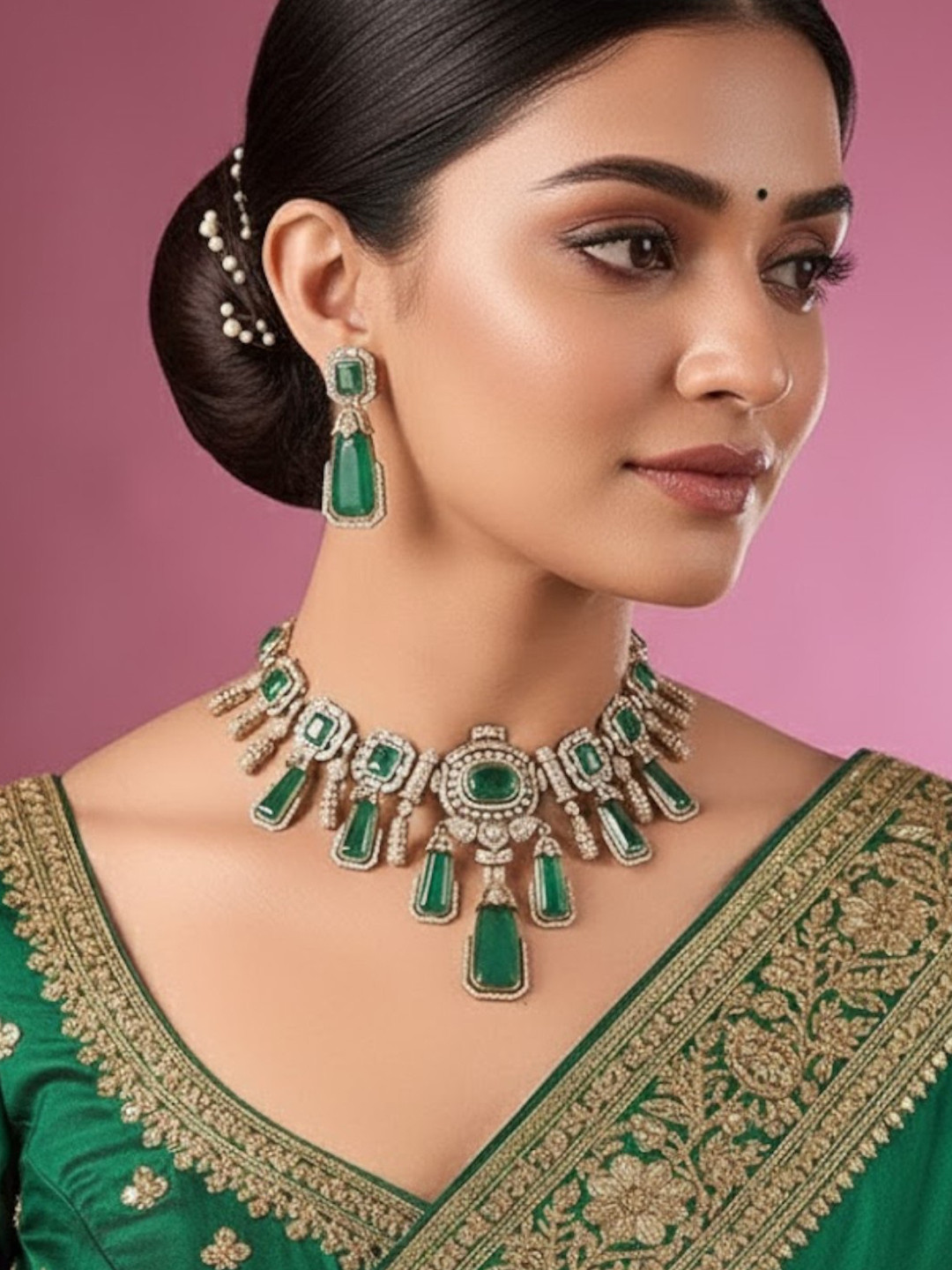 AURAA TRENDS Women Royal Green Stone Kundan Choker Necklace Set with Long Drop Earrings
