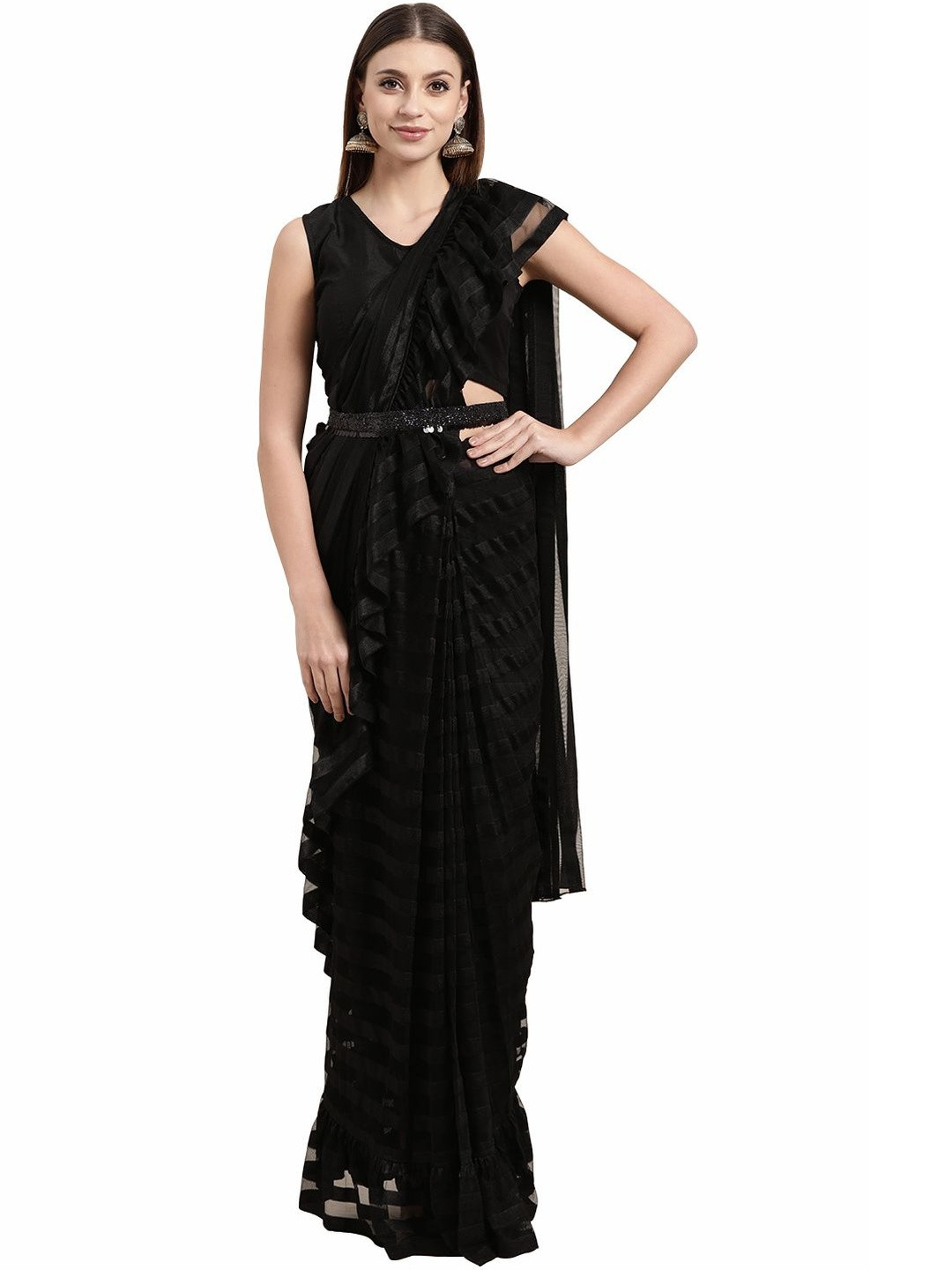 Ahalyaa Striped Sequinned Net Saree