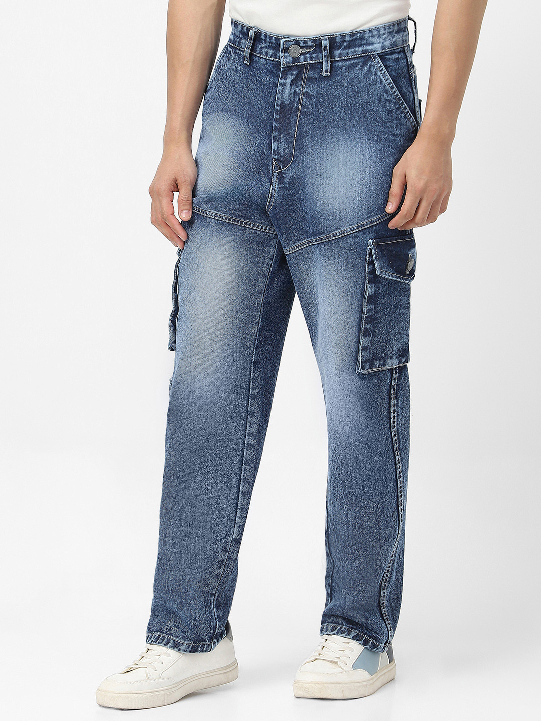 Urbano Fashion Men Blue Loose Fit Cargo Heavy Fade Jeans With 7 Pockets Non-Stretchable