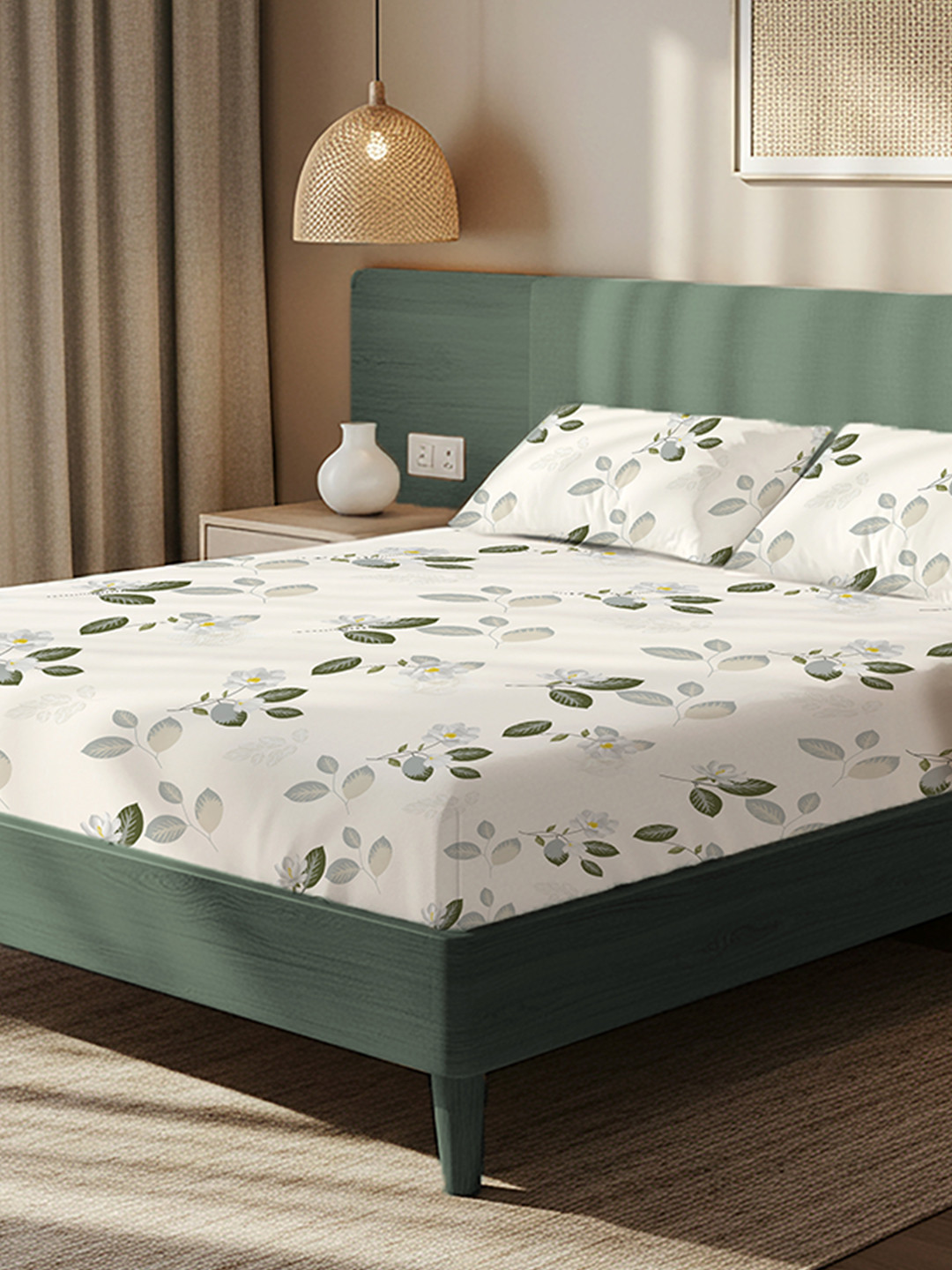 URBAN SPACE Tea leaves White Printed Microfiber 200 TC Queen Bedsheet Set 2.54 x 2.28 m