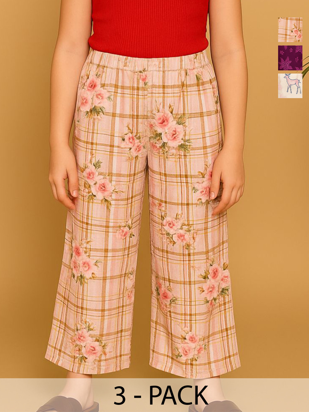 TotzTouch Girls Pack Of 3 Printed Parallel Fit Mid-Rise Straight Lounge Pant