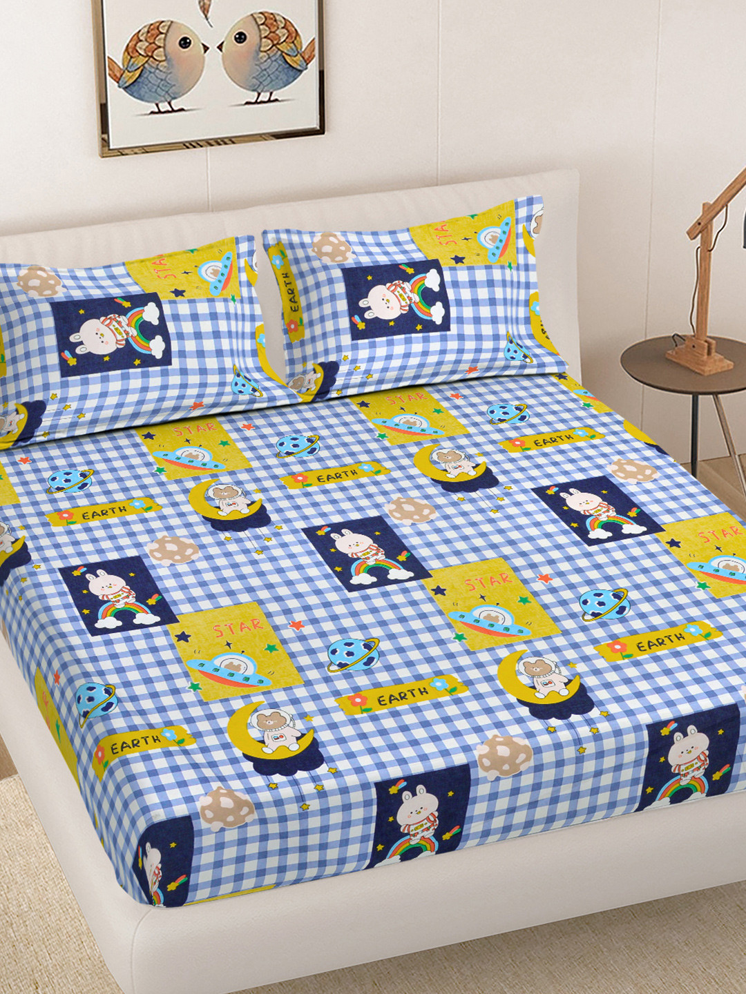 FABINALIV Veda Blue Conversational Cotton 300 TC Fitted King Fine Bedsheet with 2 Pillow Covers-20 x 20 x 5 cm