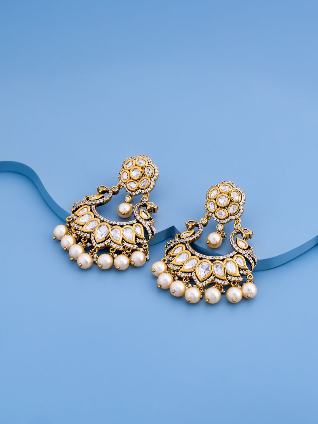 Kushal's Fashion Jewellery Victorian-Plated Crescent Shaped Kundan Studded Chandbalis