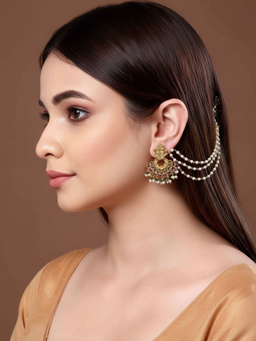 NVR Pearl Studded Classic Gold-Plated 3 Line Ear Chain Ear Cuff