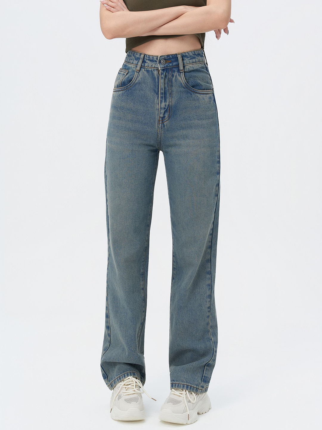 Off Duty India Women Straight Fit High-Rise Low Distress Heavy Fade Jeans