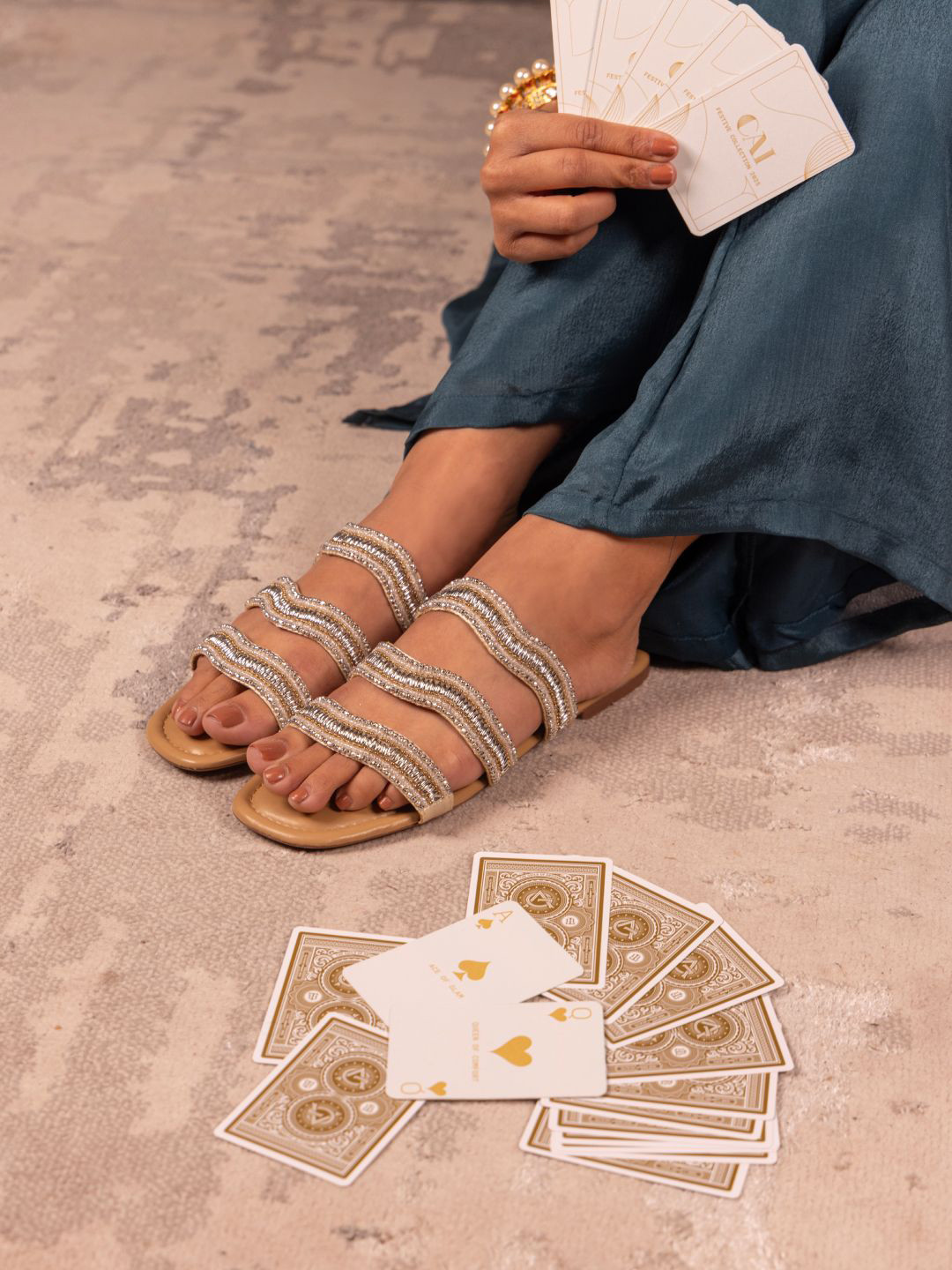 CAI Women Women Gold Wavy beaded Nude Woven Design Open Toe Flats