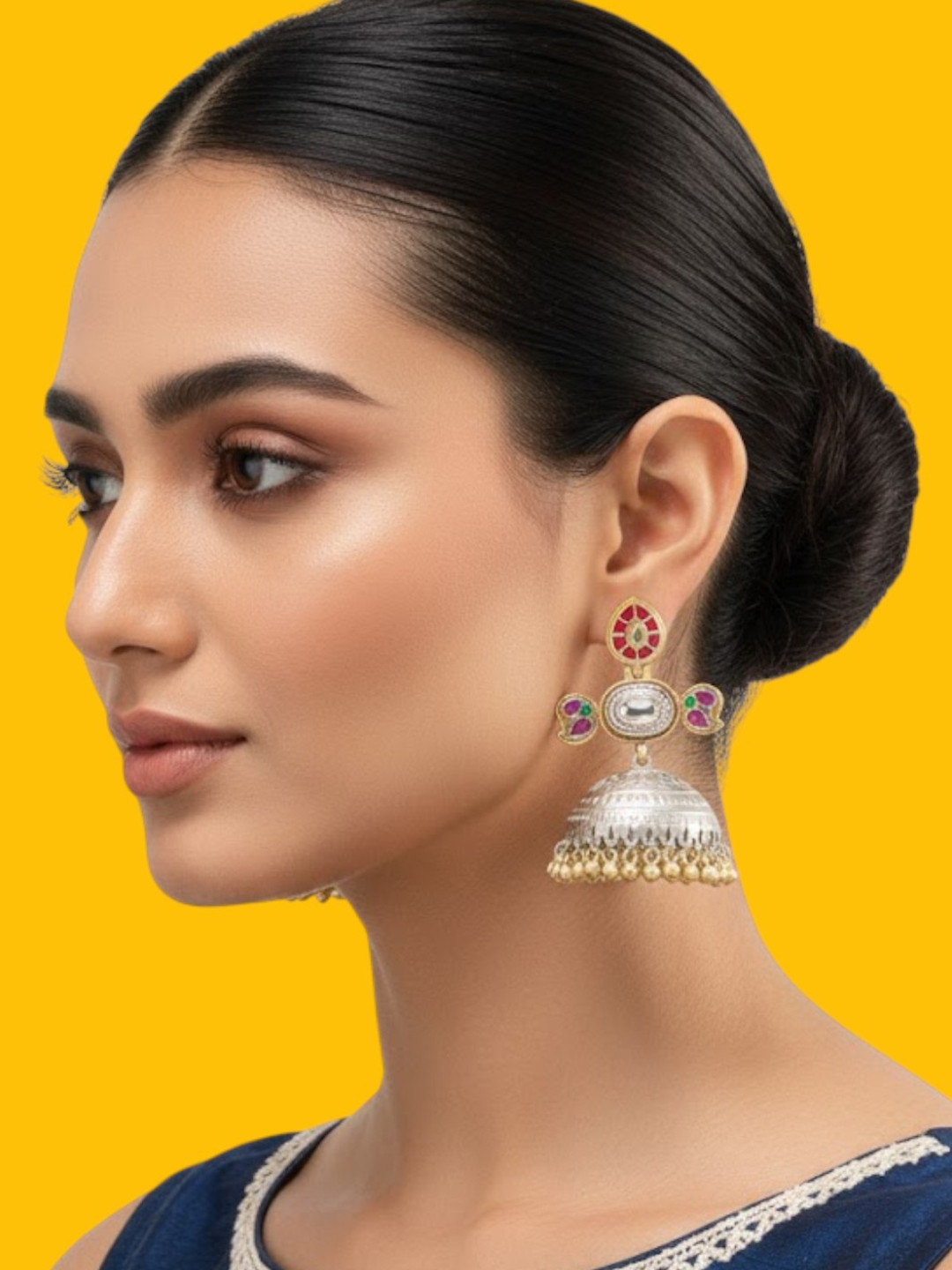 AURAA TRENDS Gold-Plated Artificial Stones Studded Dual-Tone Oxidized Dome Shaped Jhumkas