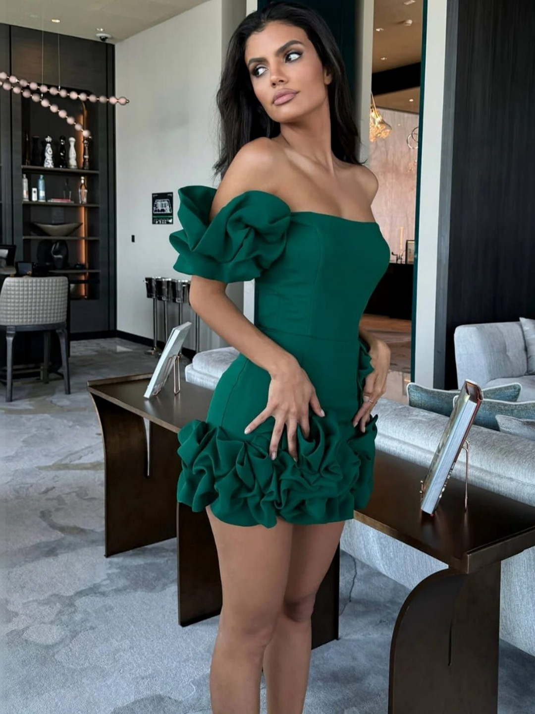 The Purple Chique Off-Shoulder Puff Sleeve Ruffled Bodycon Mini Dress