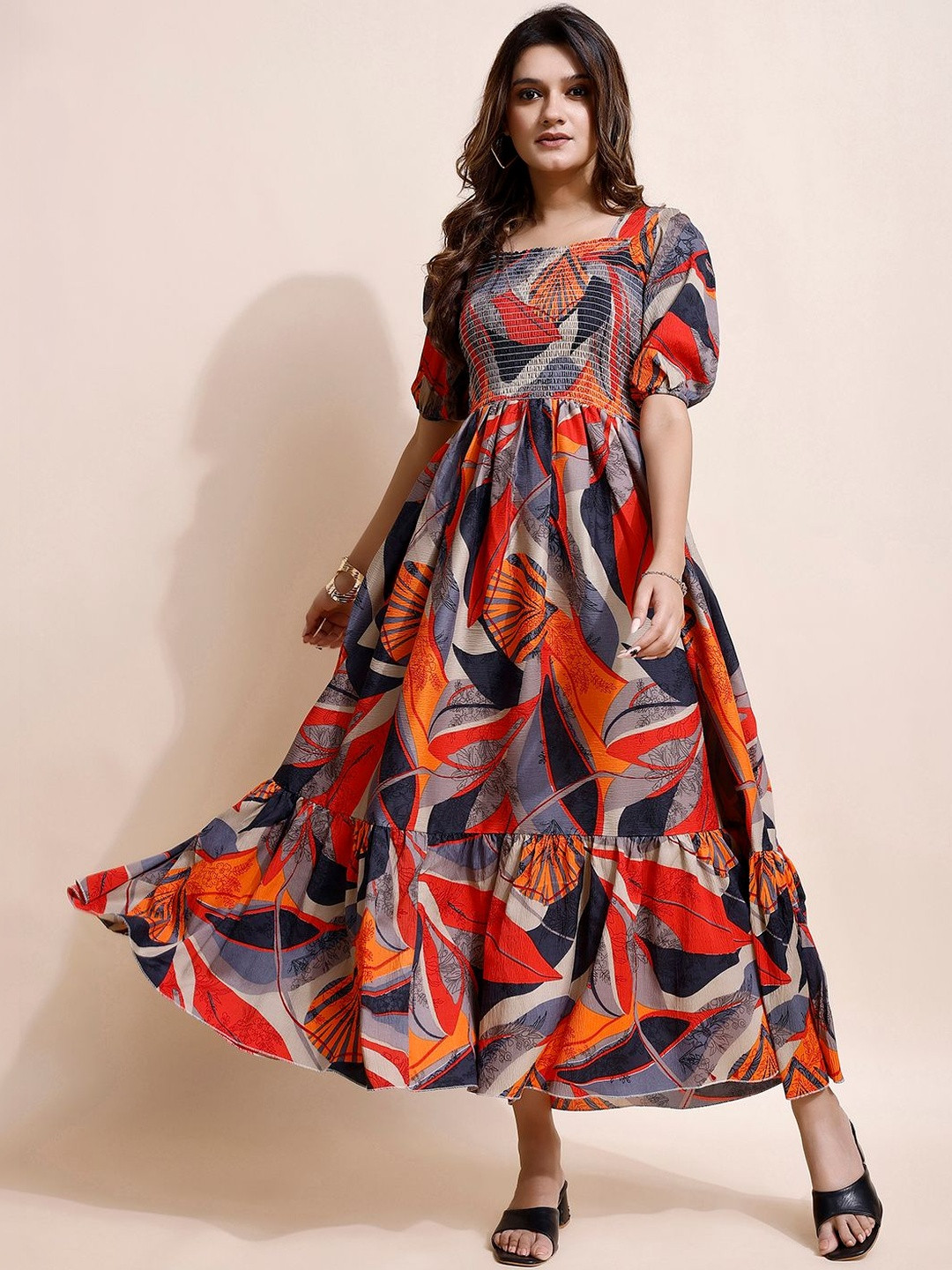Pinly Print Puff Sleeve Crepe Fit & Flare Maxi Dress