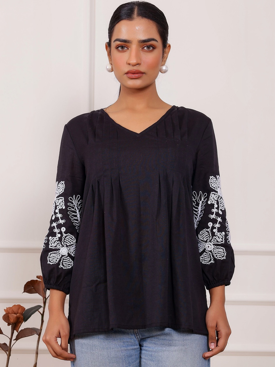 STIL O STITCH Floral Embroidered Bishop Sleeves Bohemian Cotton Top