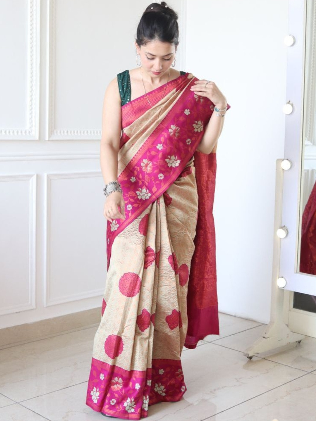 Style Drawer Floral Zari Pure Cotton Handloom Kanjeevaram Saree