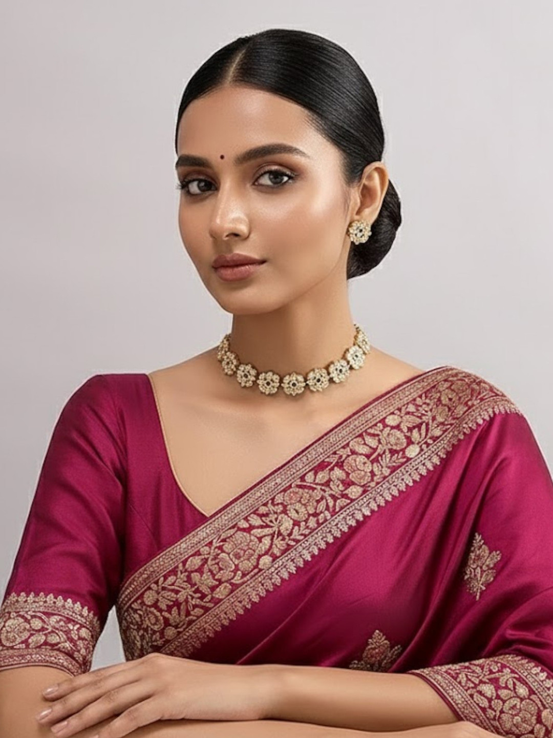 AURAA TRENDS Gold-Plated Kundan Studded Floral Shaped Polki Jewellery Set