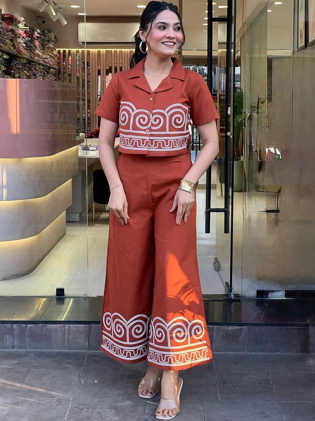 JALTHER Embroidered Pure Cotton Shirt With Palazzos Co-Ords