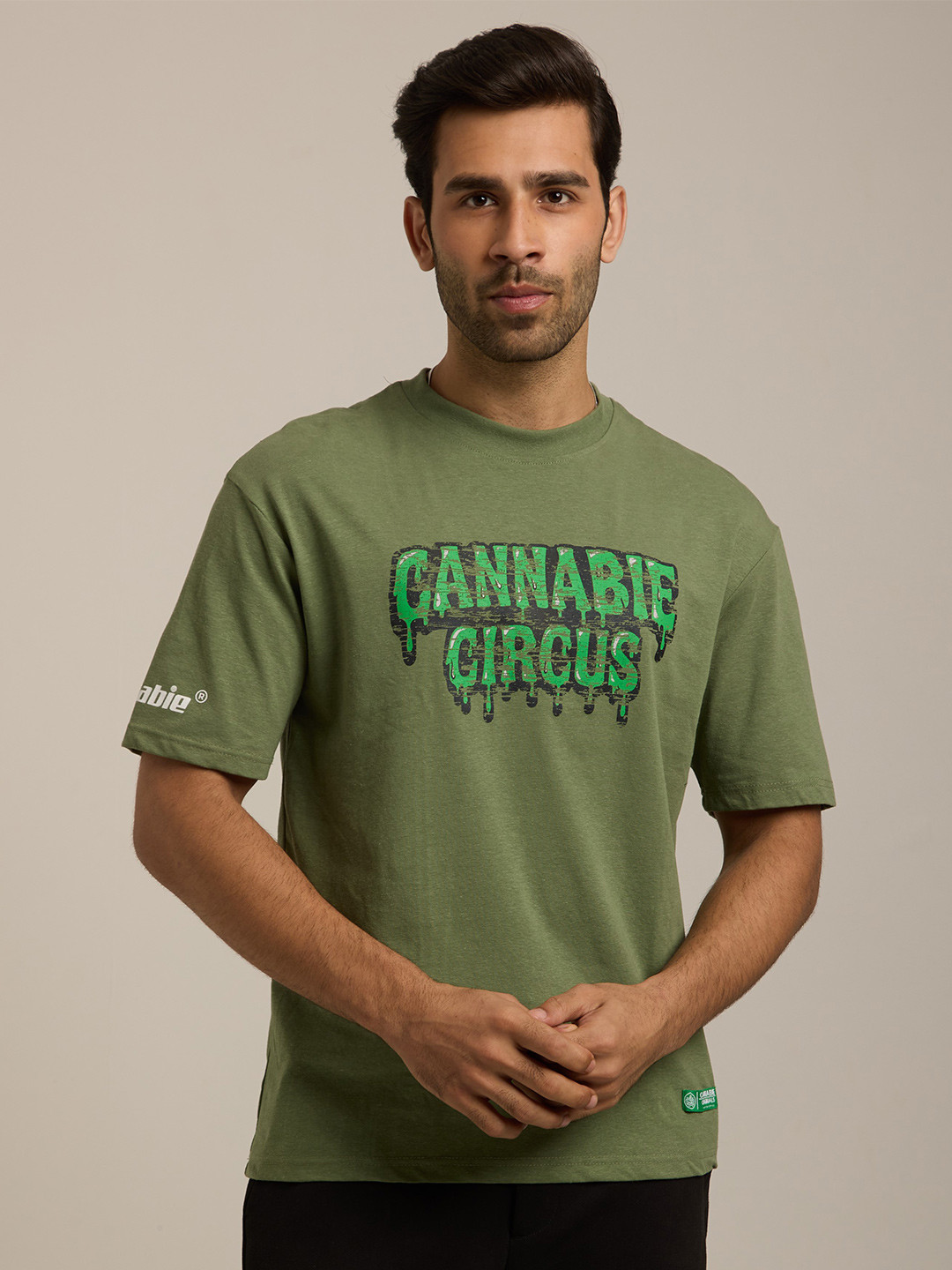 Cannabie Men Typography Printed Round Neck Hemp Oversized T-shirt