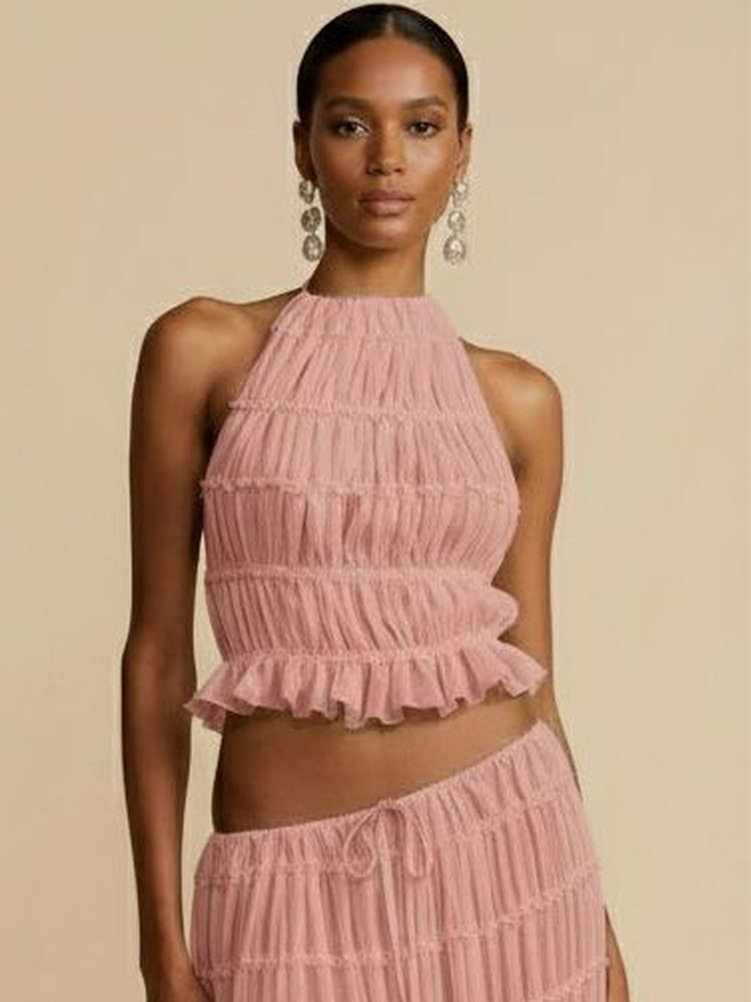 Purple Haze Halter Neck Smocked Georgette Crop Top