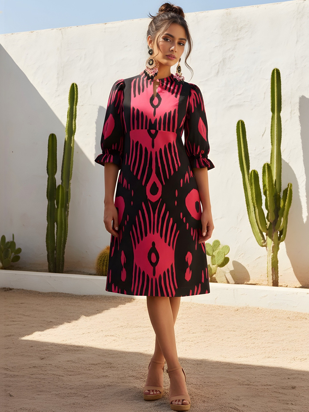 Dora Dori Abstract Midi Gathered Or Pleated Ikat Print Viscose Rayon Knee Length Sheath Dress
