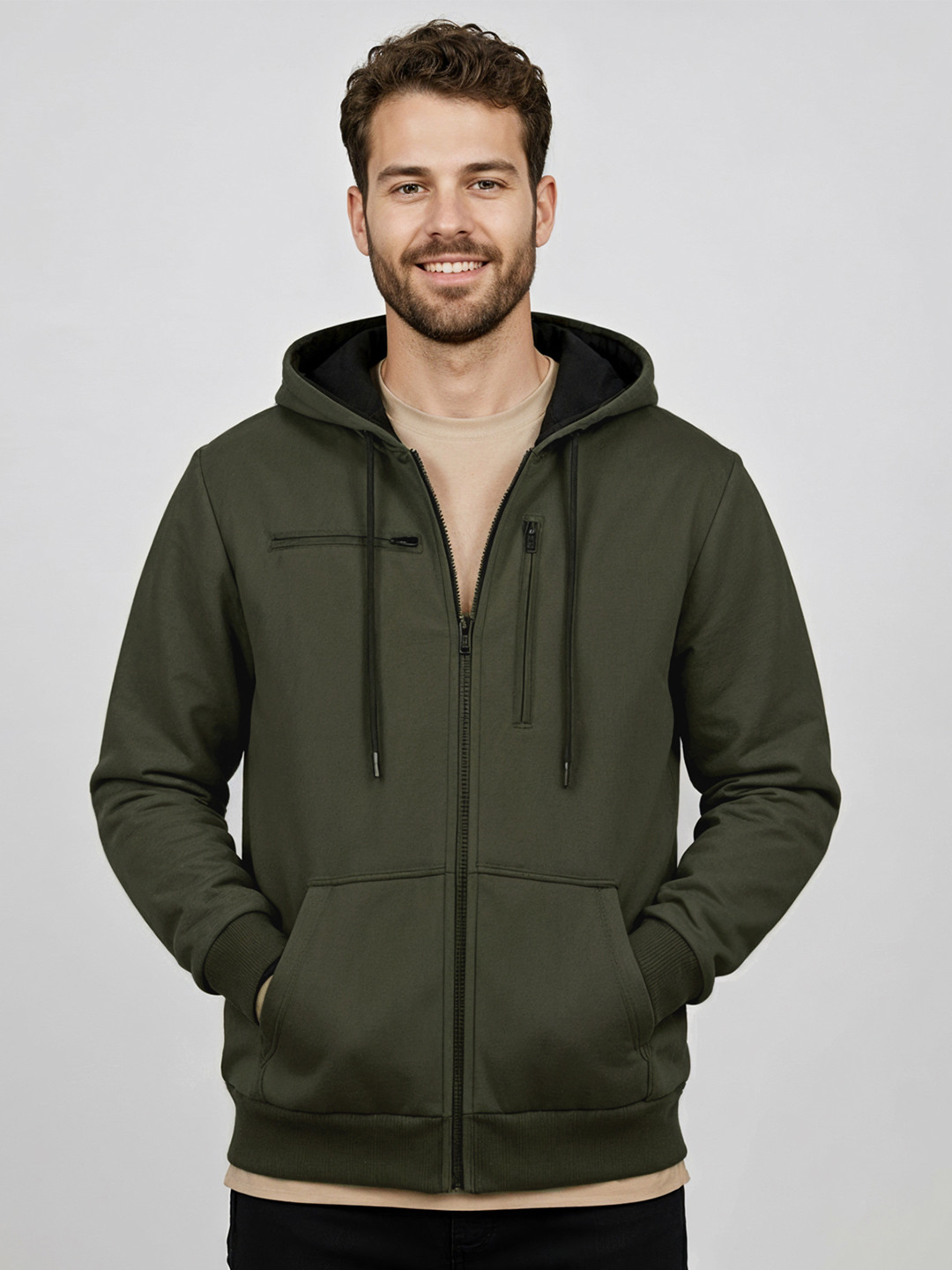 ADRO Men Travel Hooded Front-Open Sweatshirts With Multiple Waterproof Pockets