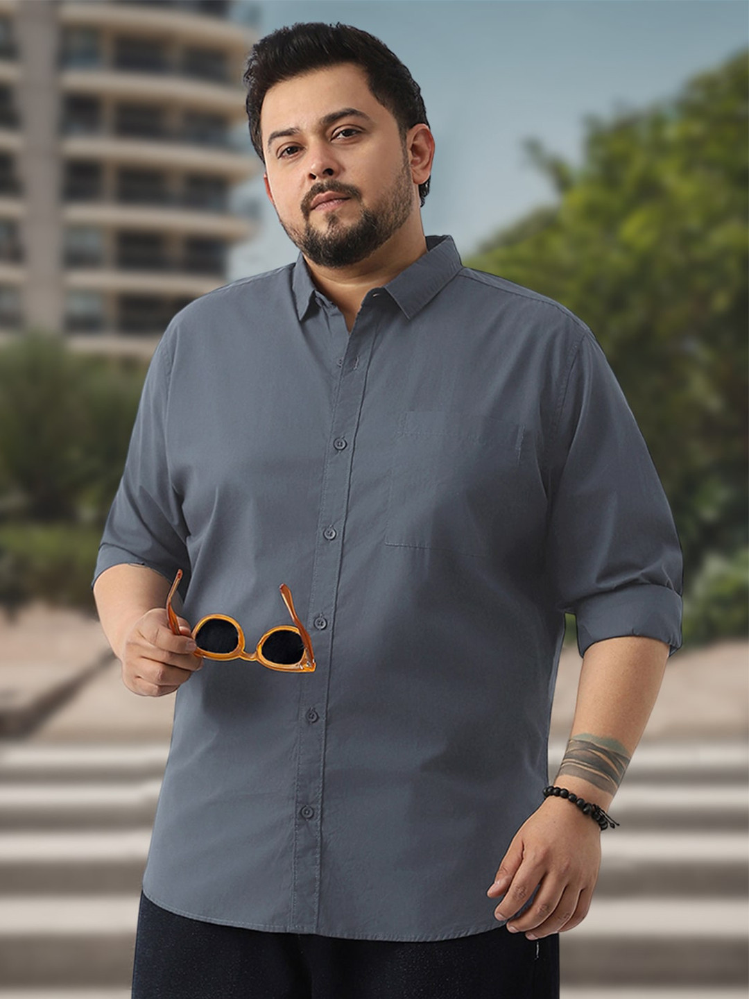 Urbano Plus Men's Slate Blue Cotton Full Sleeve Regular Fit Casual Solid Shirt