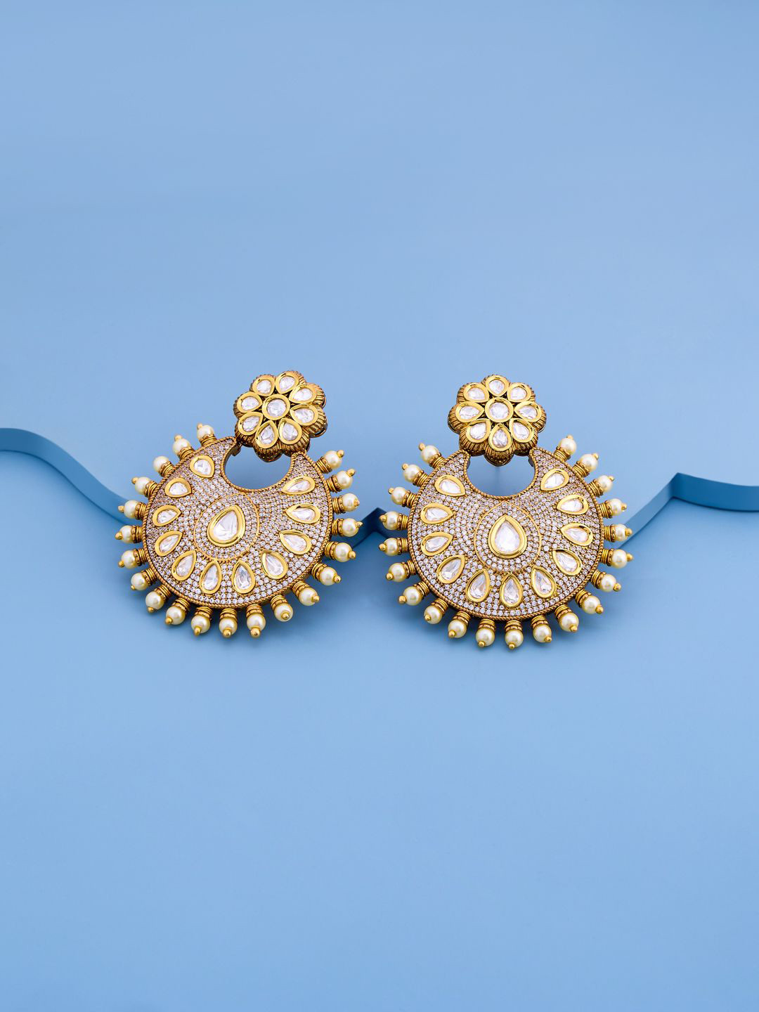 Kushal's Fashion Jewellery Victorian-Plated Kundan Crescent Shaped Chandbalis Earrings