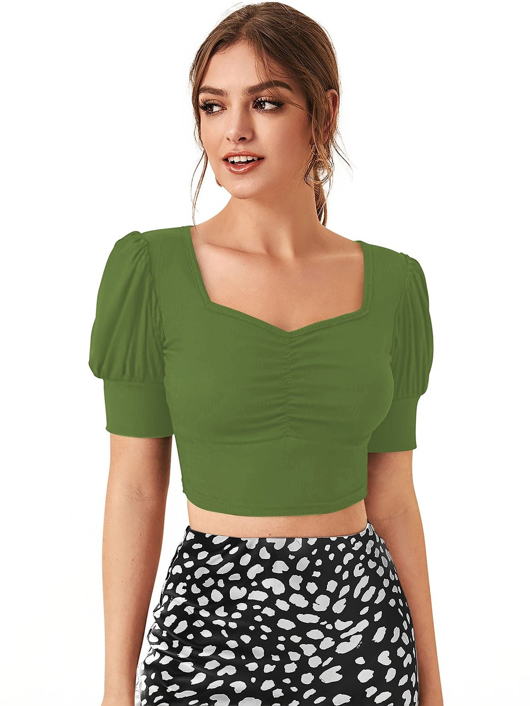 Fashion2wear Puff Sleeve Smocked Crepe Crop Top
