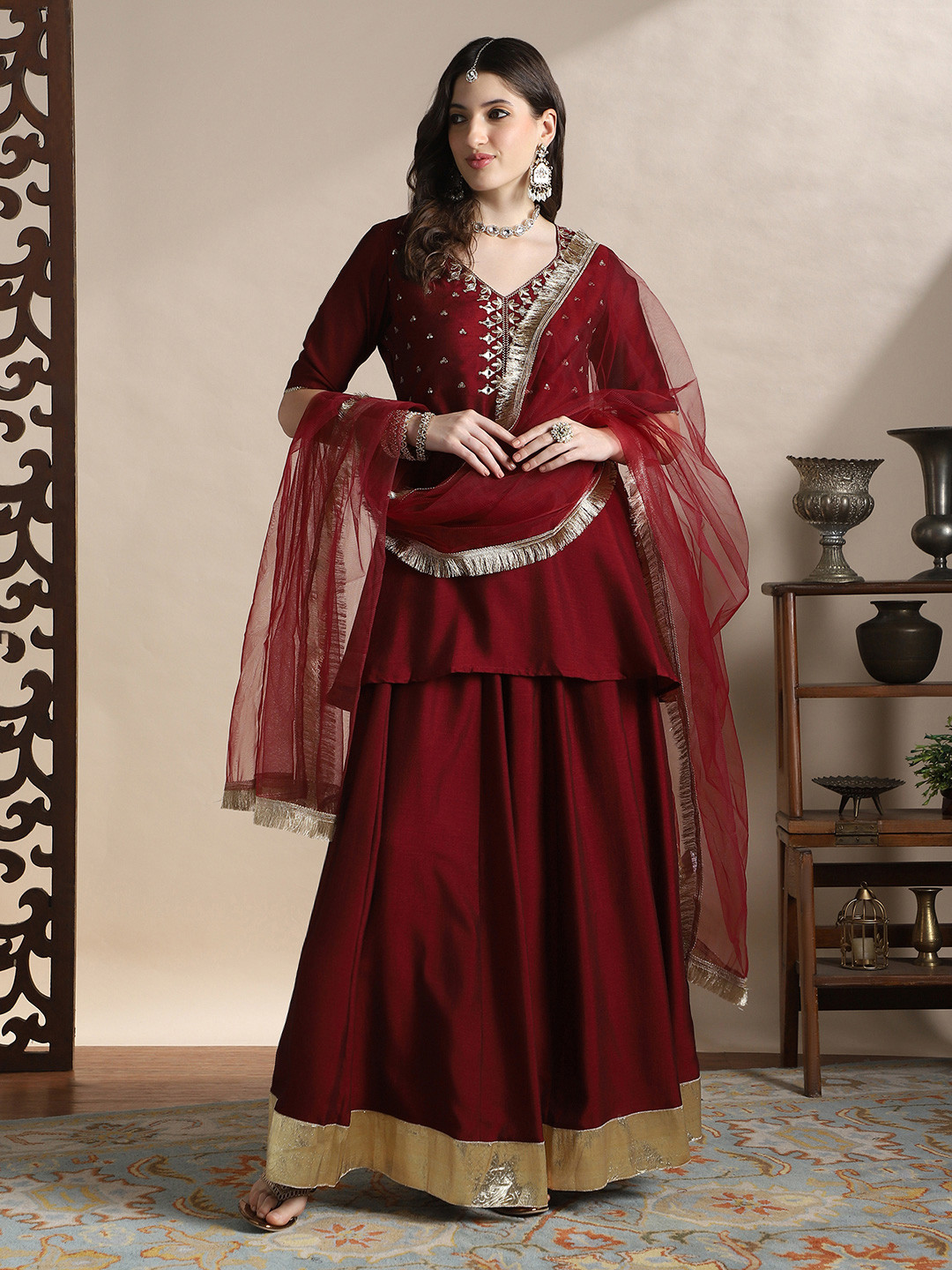 Globus Women Yoke Design V-Neck Kurta with Sharara and Dupatta Festive Kurta Set