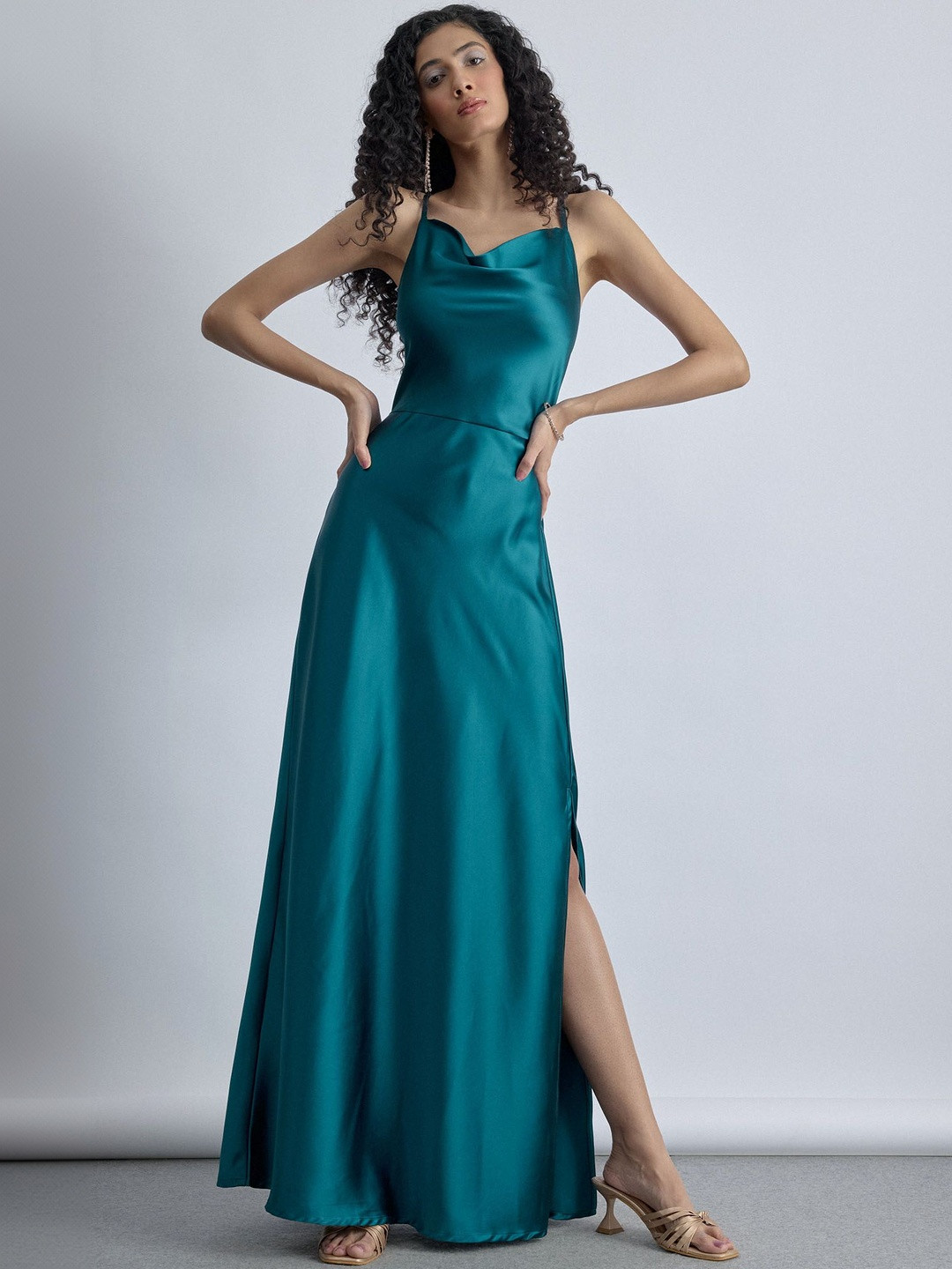 The Label Life Turkish Blue Cowl Neck Satin Fit & Flare Dress