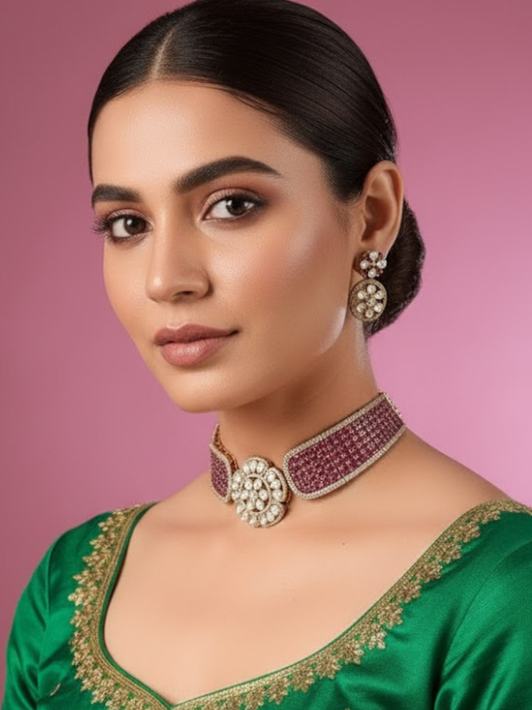AURAA TRENDS Gold Plated Kundan & Magenta Studded Choker Jewellery Set