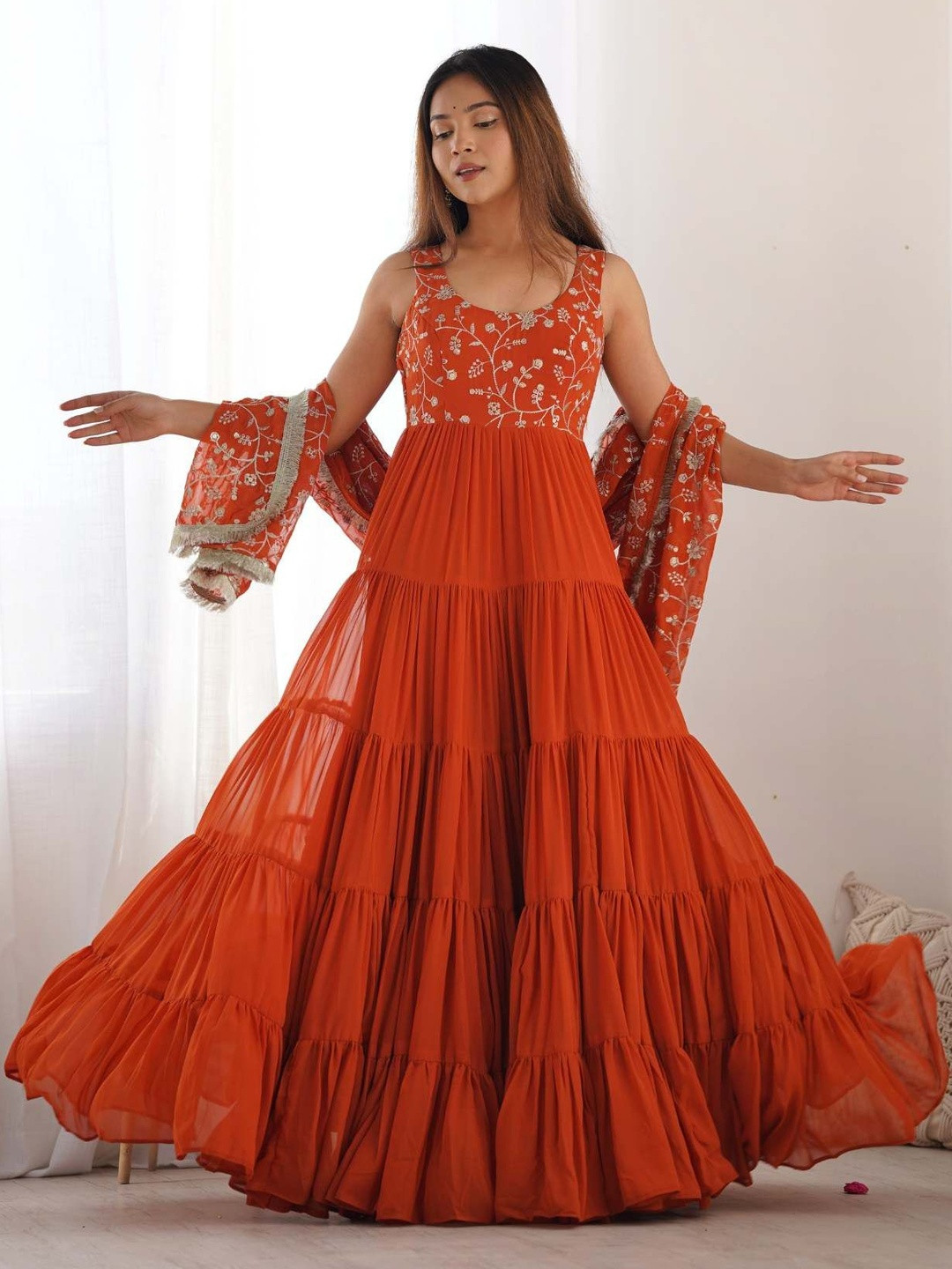 RITIRANG Ethnic Motifs Embroidered Tiered Thread Work Kurta with Palazzos & With Dupatta