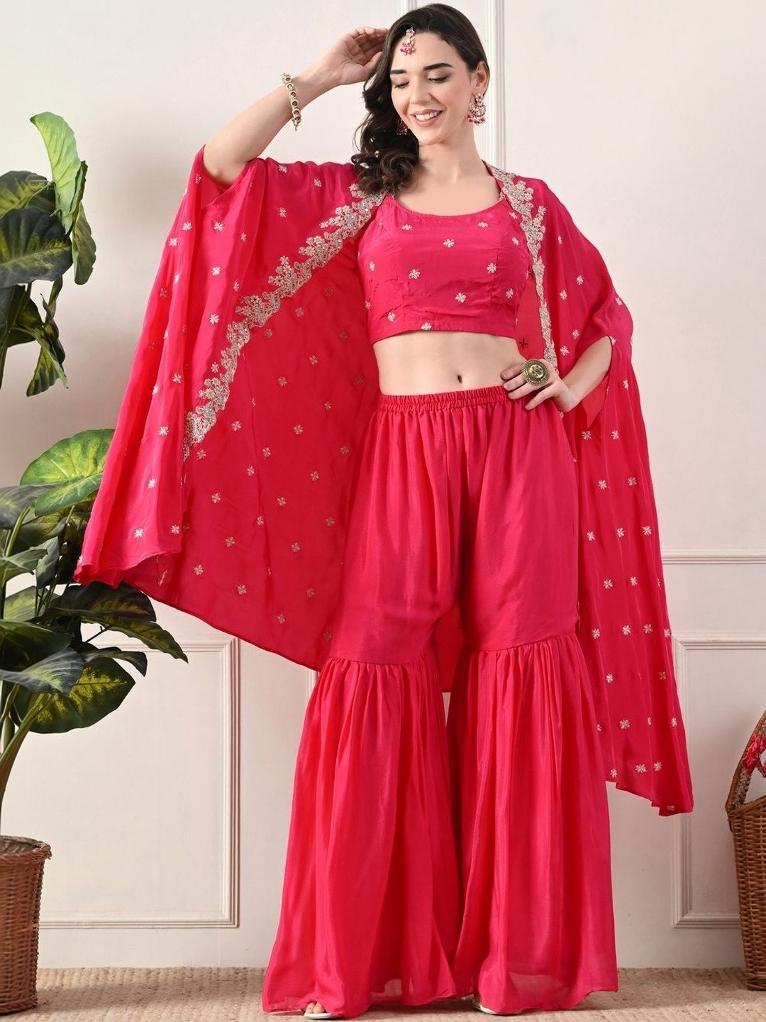 Shop Begum Women Ethnic Motifs Embroidered Tiered Thread Work Kurta with Sharara & With Dupatta