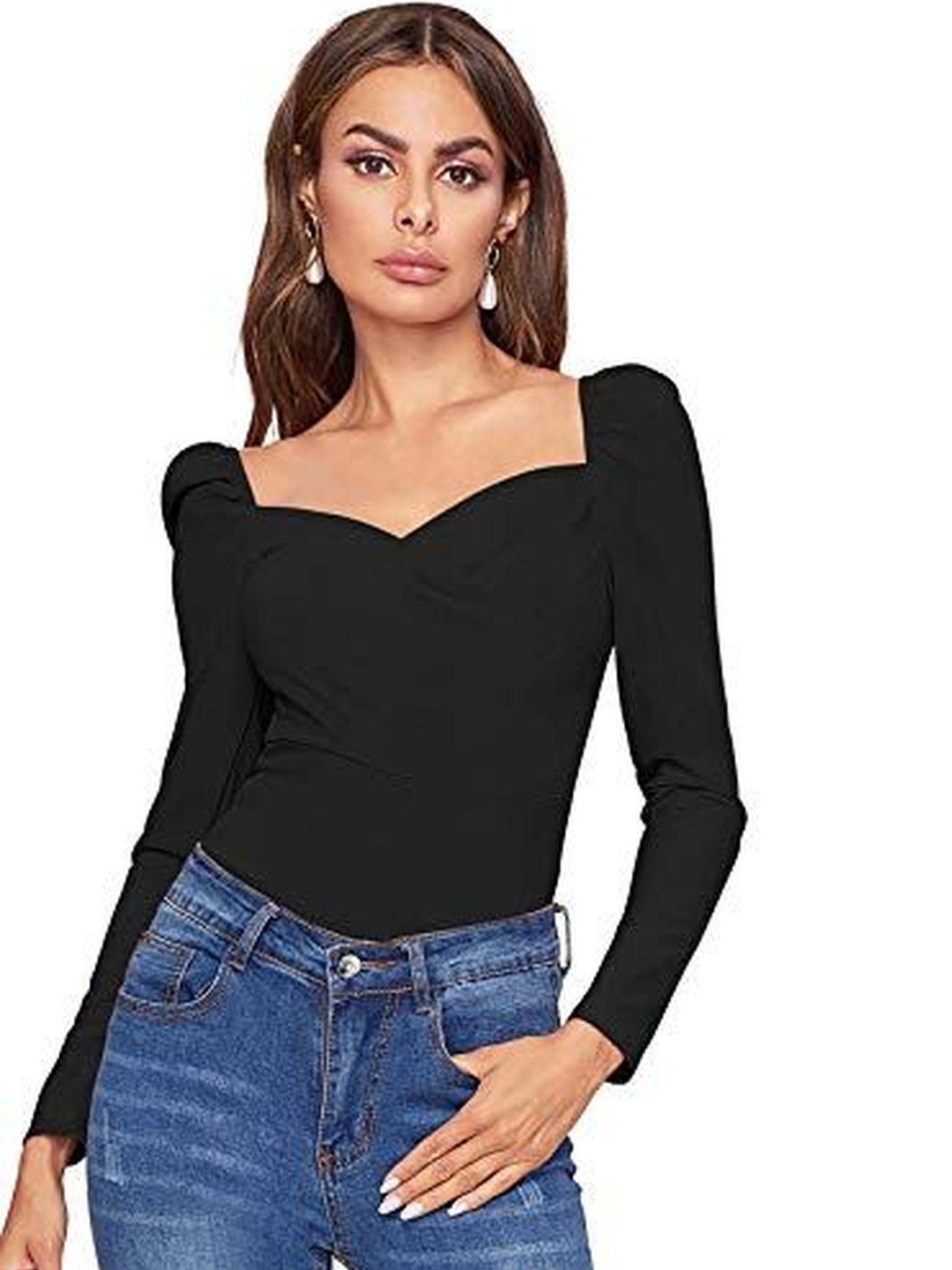 Fashion2wear Sweetheart Neck Puff Sleeve Smocked Crepe Top