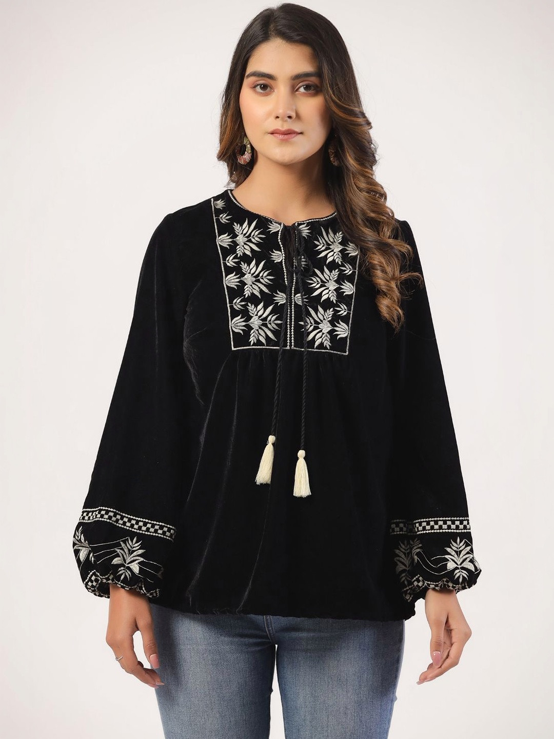 STIL O STITCH Floral Embroidered Bishop Sleeves Bohemian Top