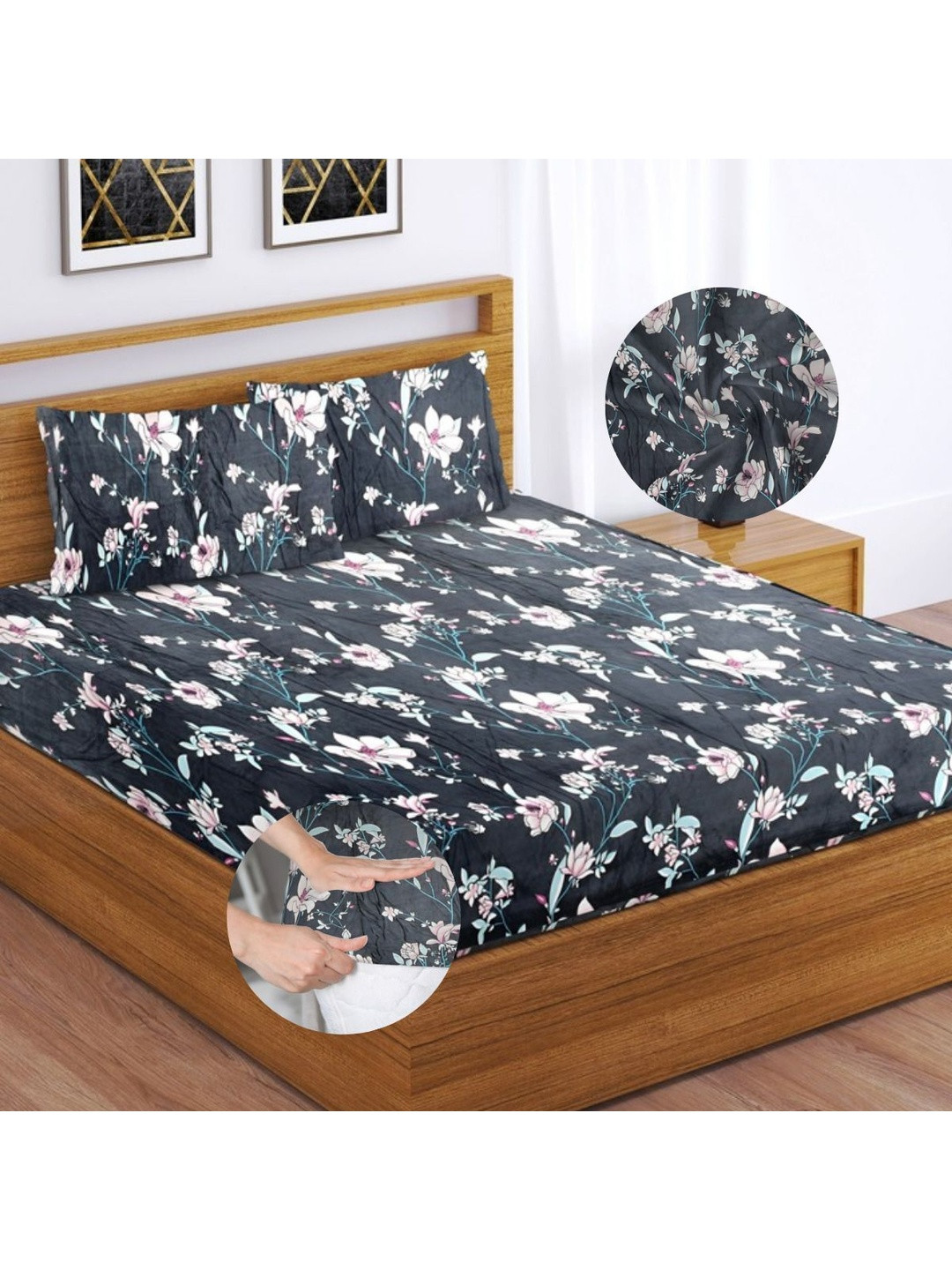 HIDECOR Black Floral 350 TC King Bedsheet with 2 Pillow Covers