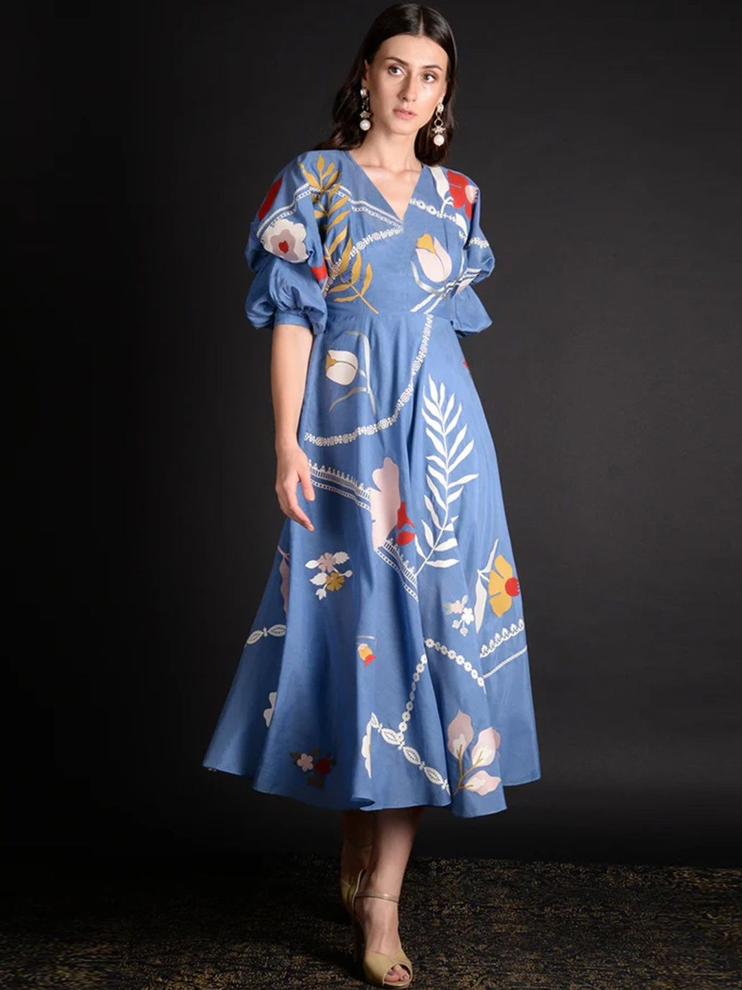 ROOM 19 Floral Print Puff Sleeve A-Line Midi Dress
