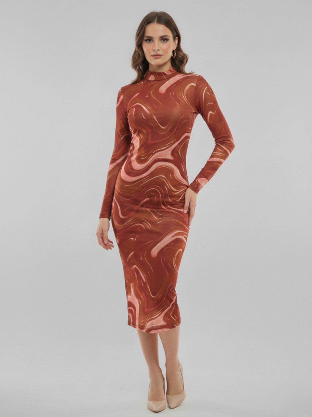 ANVI Be Yourself Abstract Printed Lycra Net Mock Neck Bodycon Midi Dress with Camisole