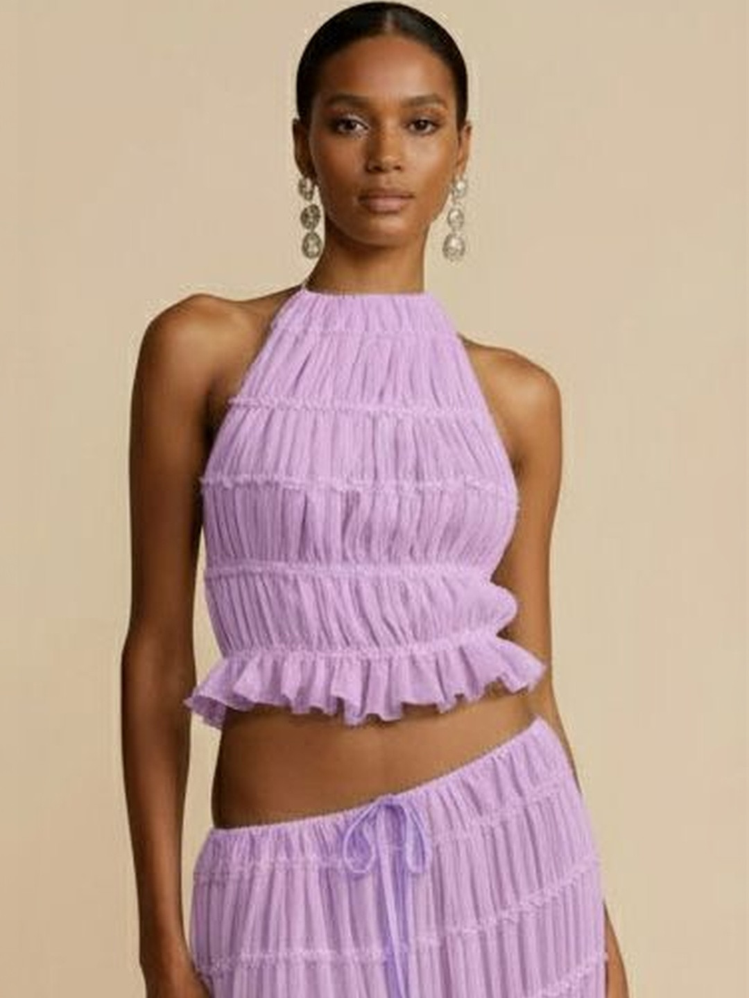 Purple Haze Halter Neck Smocked Georgette Crop Top