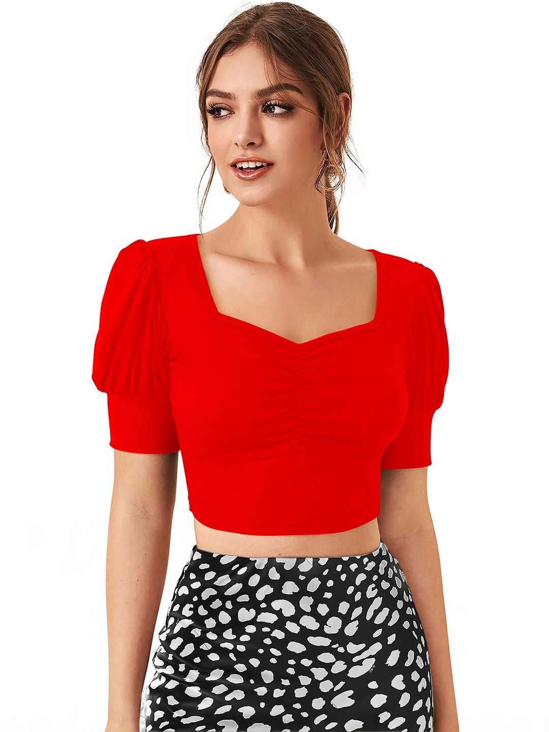 Fashion2wear Puff Sleeve Smocked Crepe Crop Top