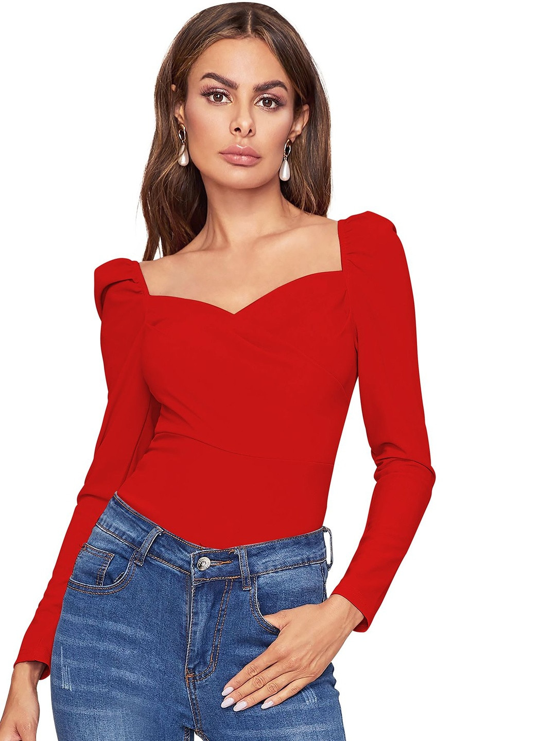 Fashion2wear Sweetheart Neck Puff Sleeve Smocked Crepe Top
