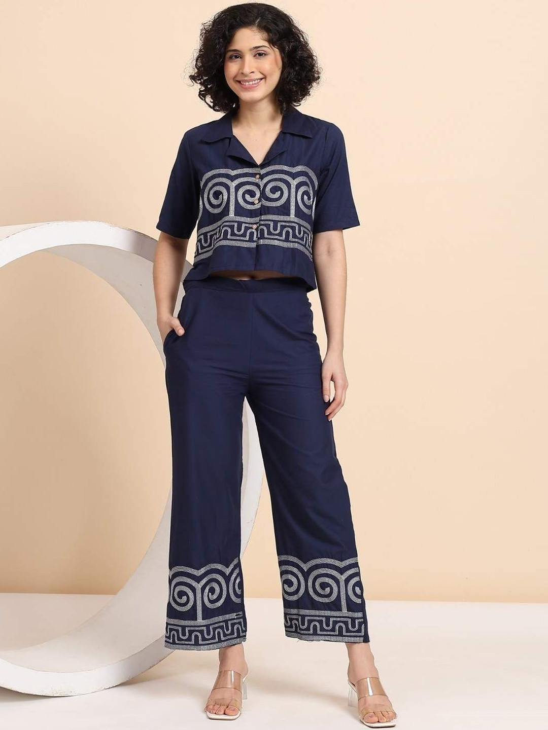 JALTHER Embroidered Shirt Collar Pure Cotton Shirt With Palazzos Co-Ords