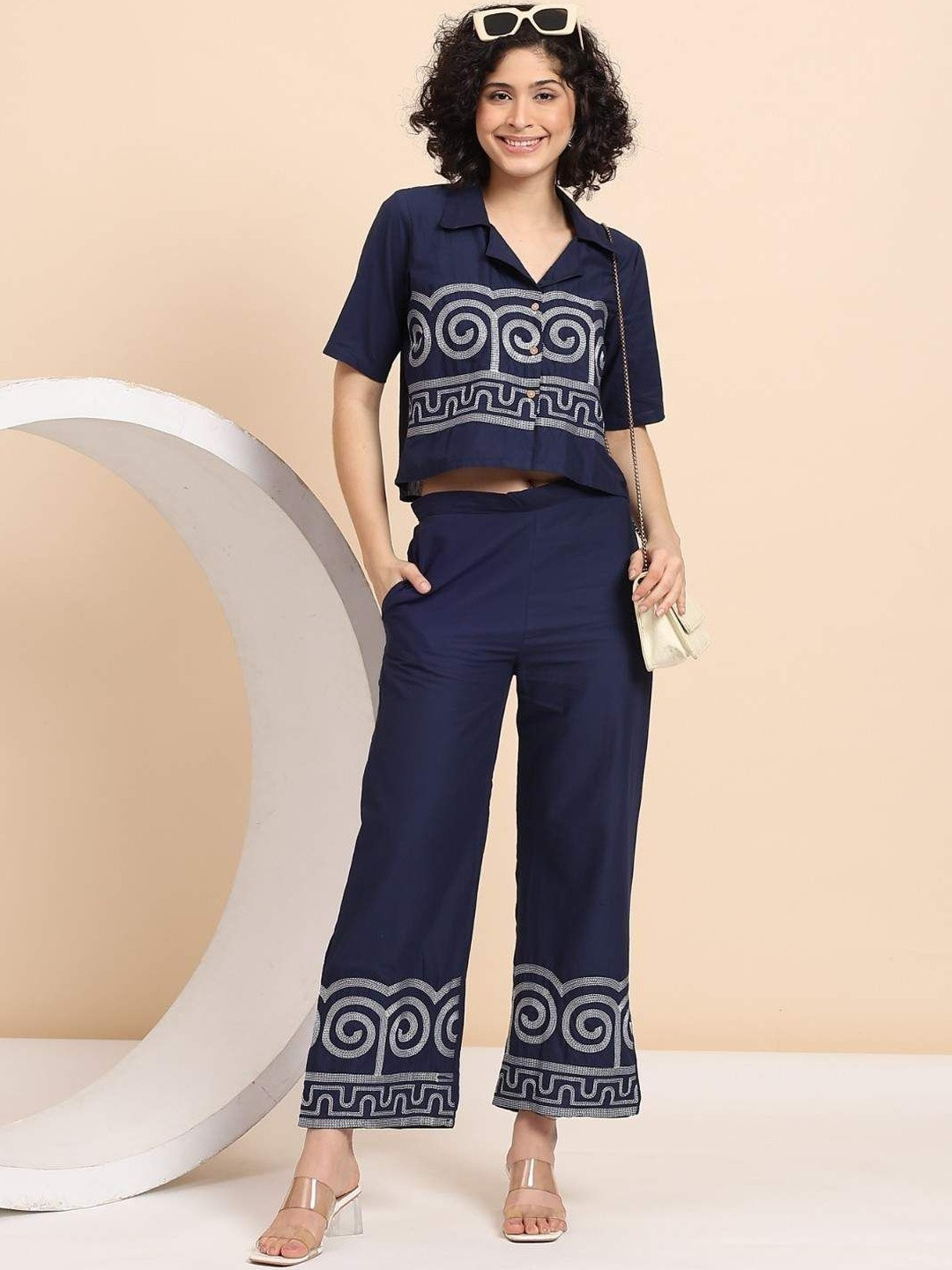 KIAARON Embroidered Pure Cotton Shirt & Palazzos Co-Ords