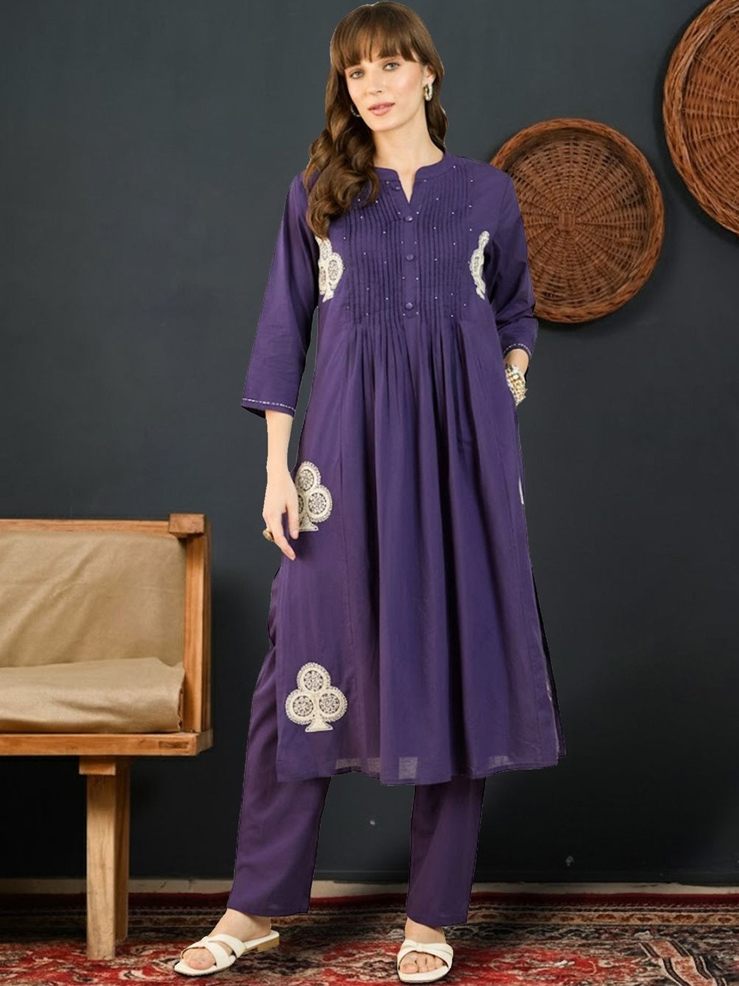 Indo Era Women Ethnic Motifs Embroidered Pleated Thread Work Pure Cotton Kurta with Trousers
