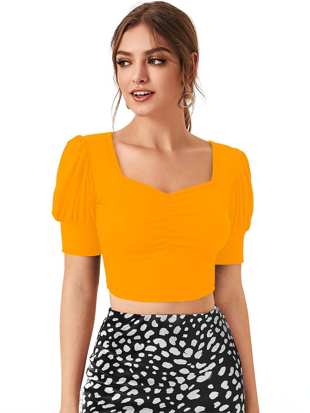 Fashion2wear Puff Sleeve Smocked Crepe Crop Top