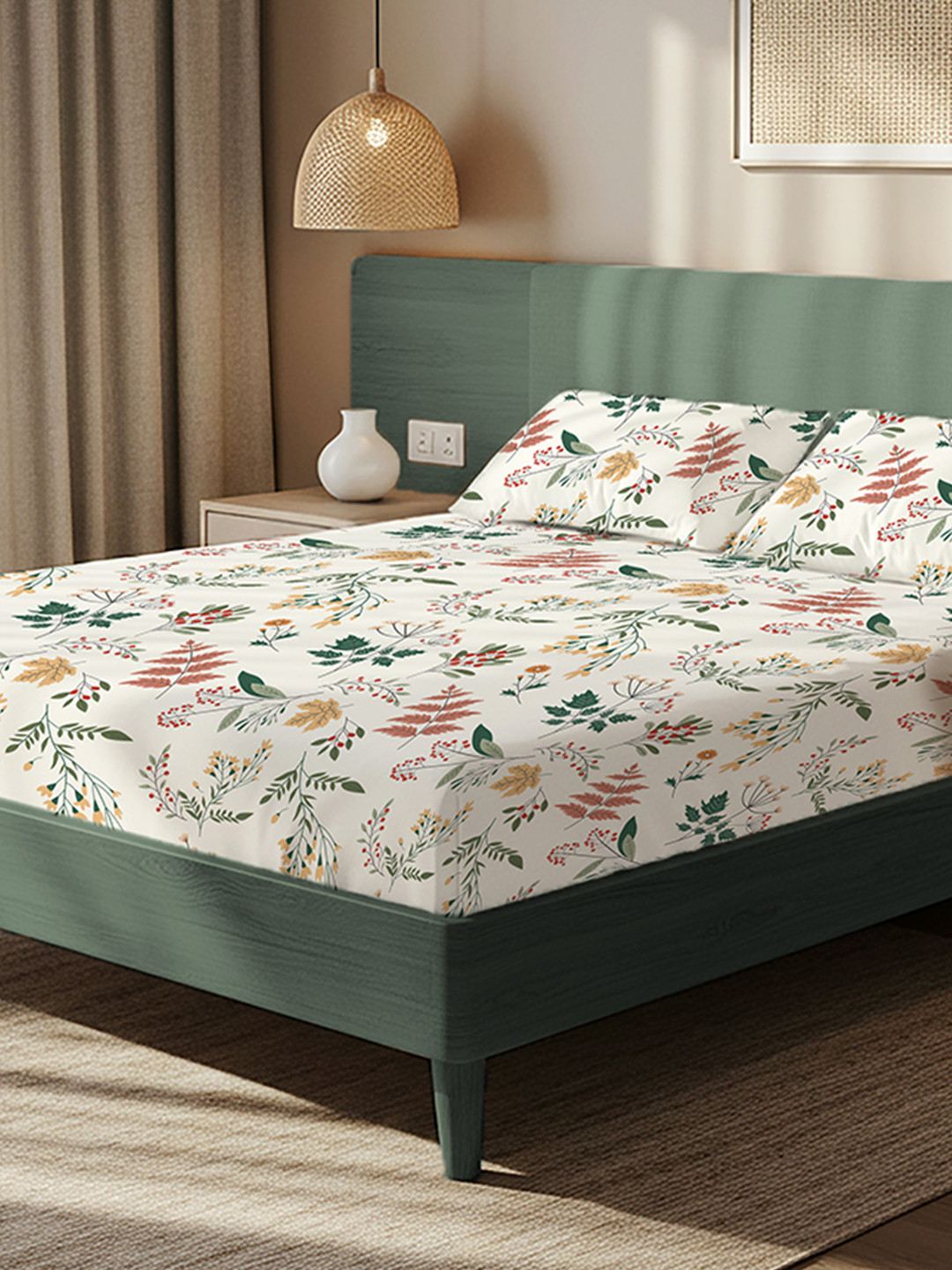 URBAN SPACE Fall season White Printed Microfiber 200 TC Queen Bedsheet Set 2.54 x 2.28 m